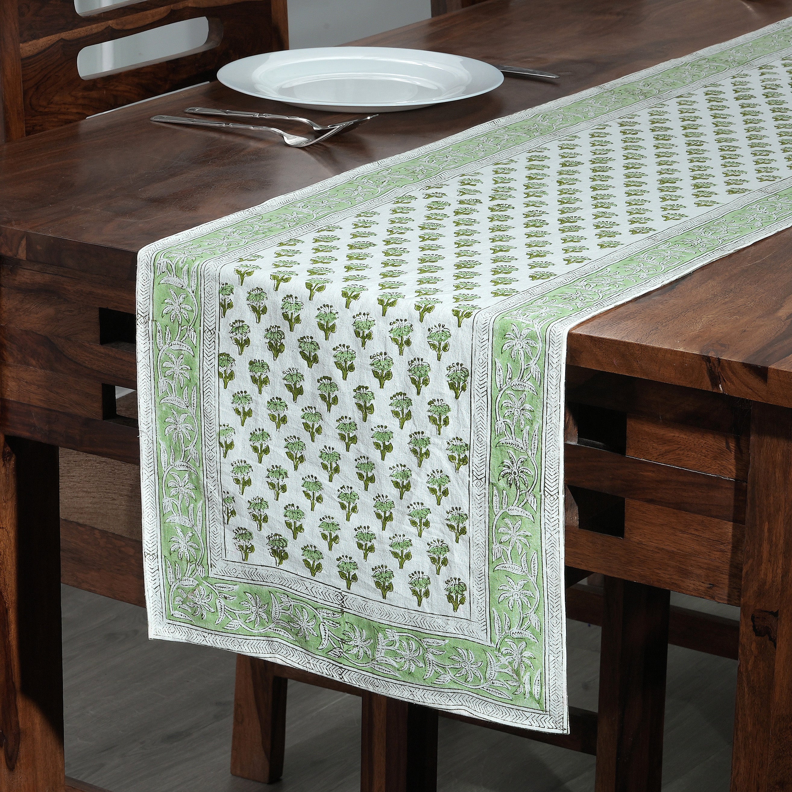 Cotton Block Print Table Runner - Emerald Green