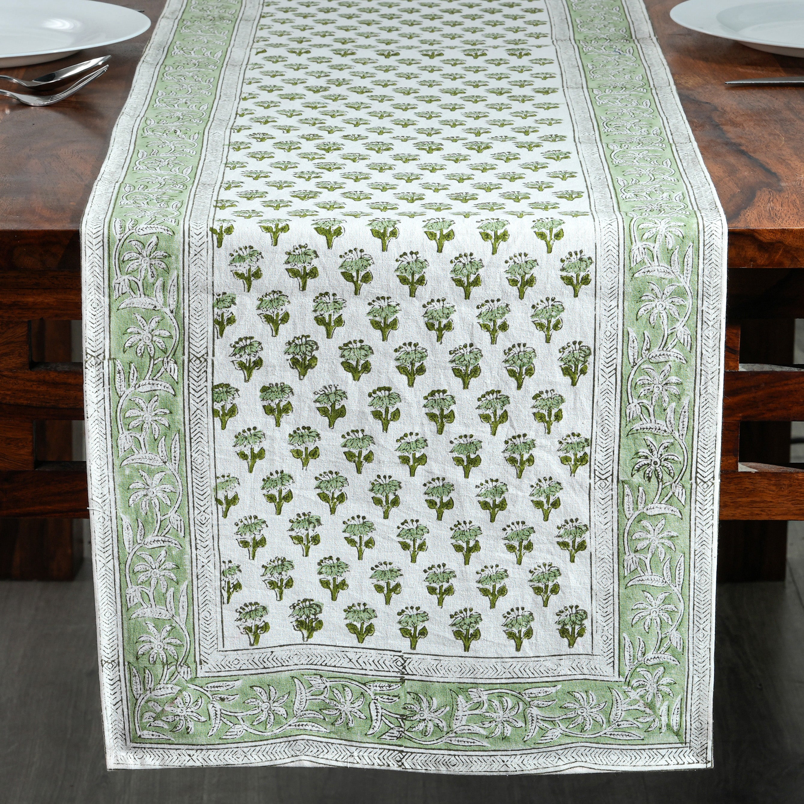 Cotton Block Print Table Runner - Emerald Green