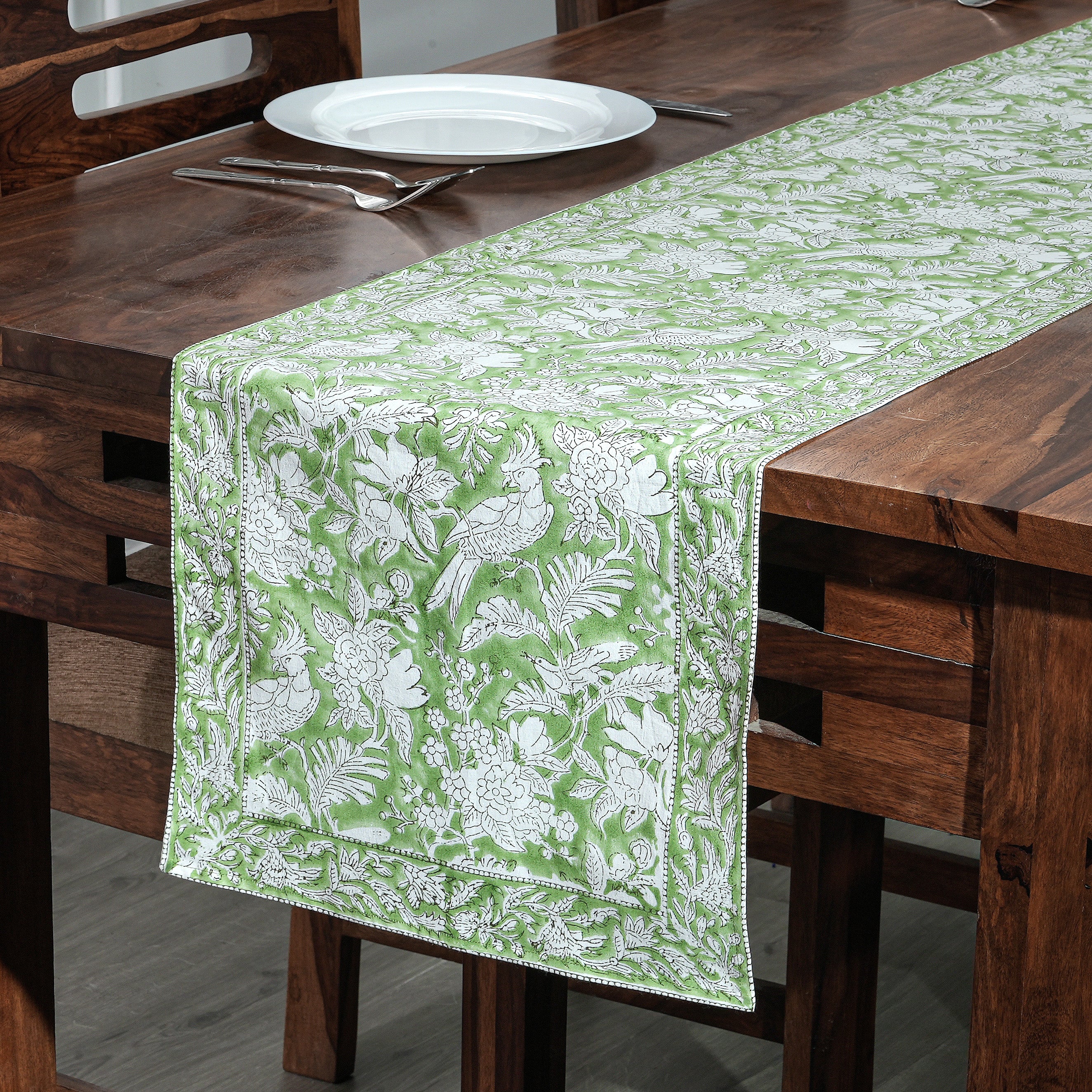 Cotton Block Print Table Runner - Olive Green