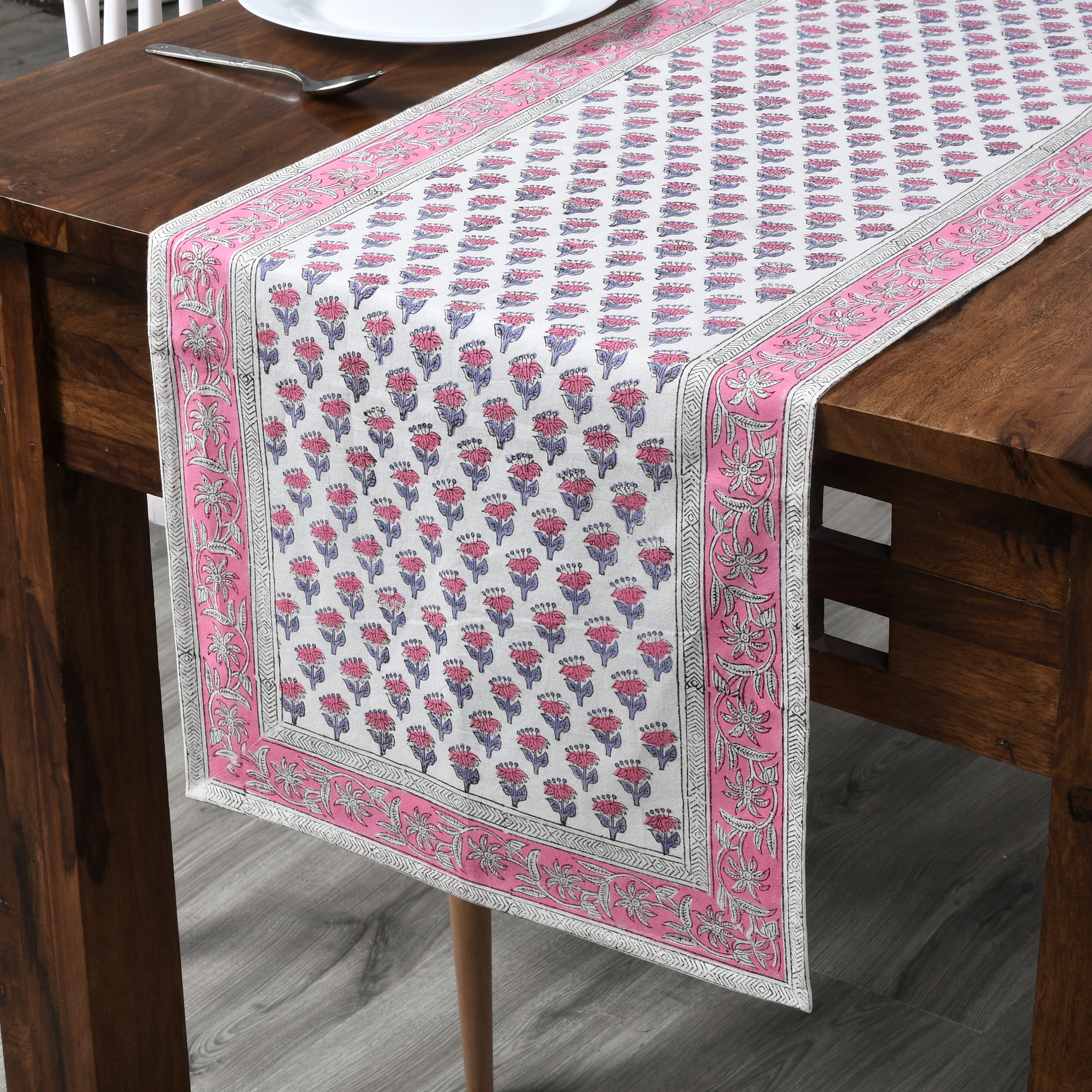 Cotton Block Print Table Runner - Pink Sapphire