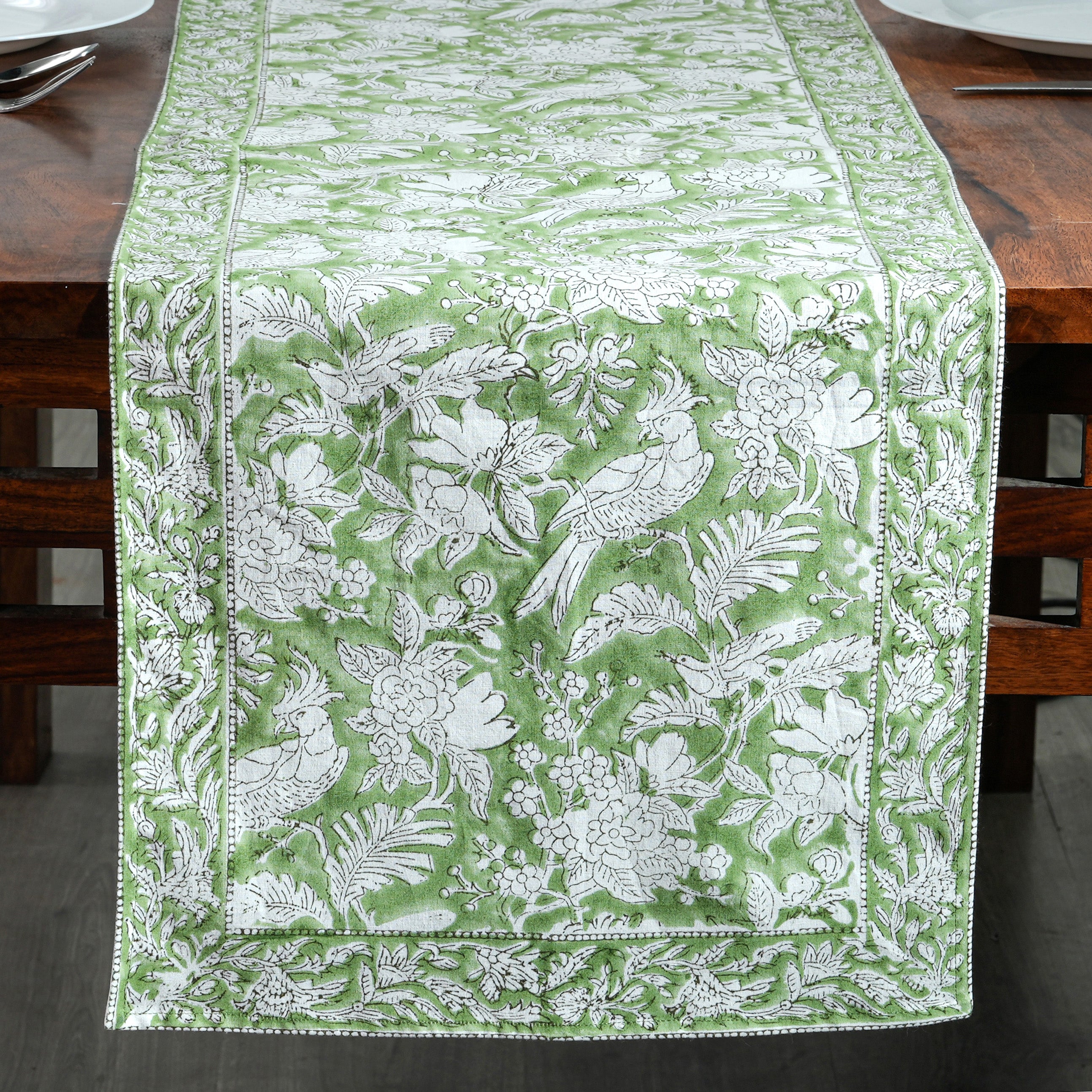 Cotton Block Print Table Runner - Olive Green