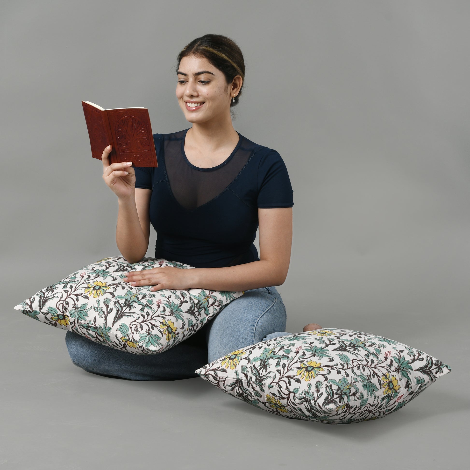 Boho-style hand-printed pillow covers in earthy, artisan-inspired tones