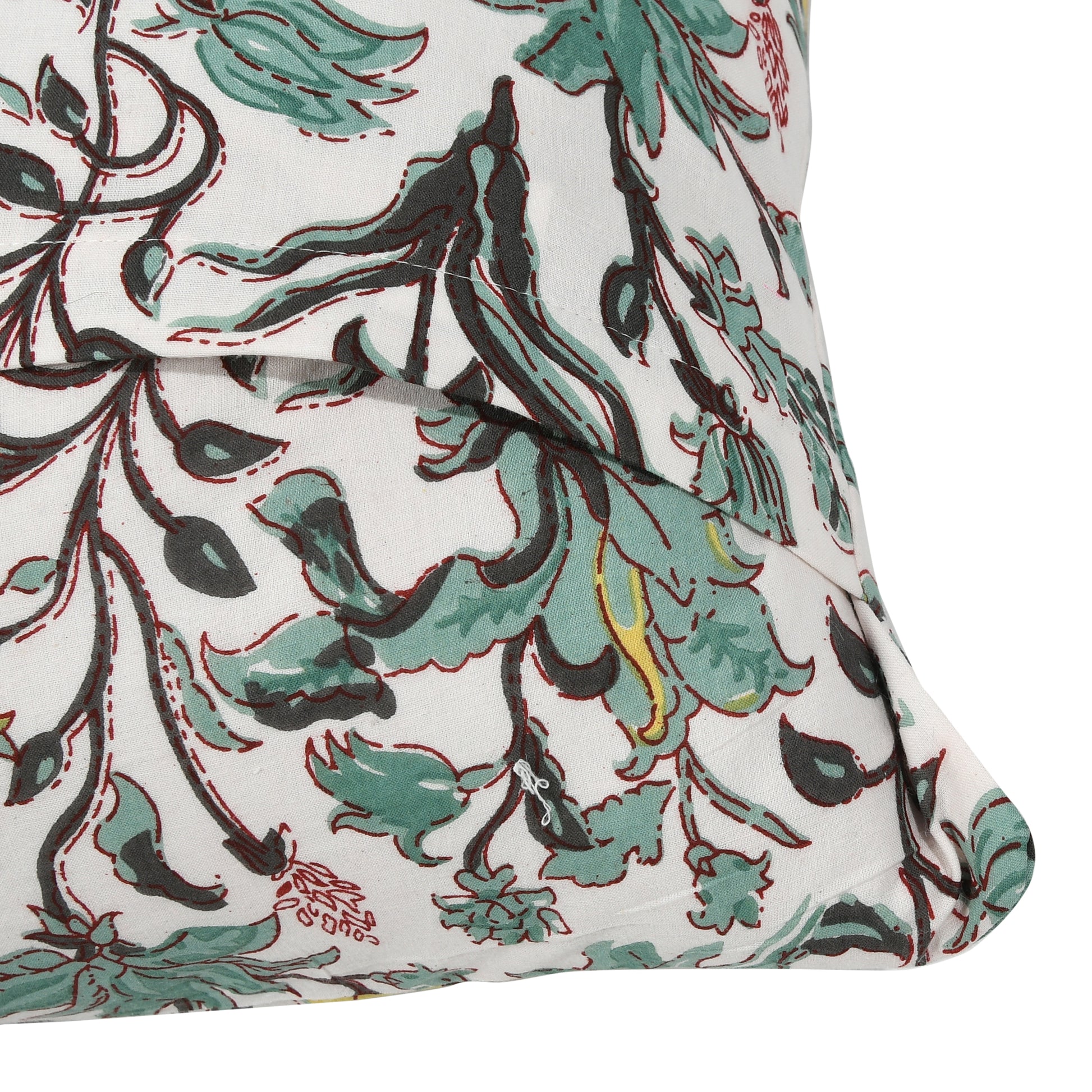 Detail of handcrafted block print on cotton boho pillow cover