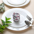 Rolled multicolor napkin on white plate with green foliage and fork.