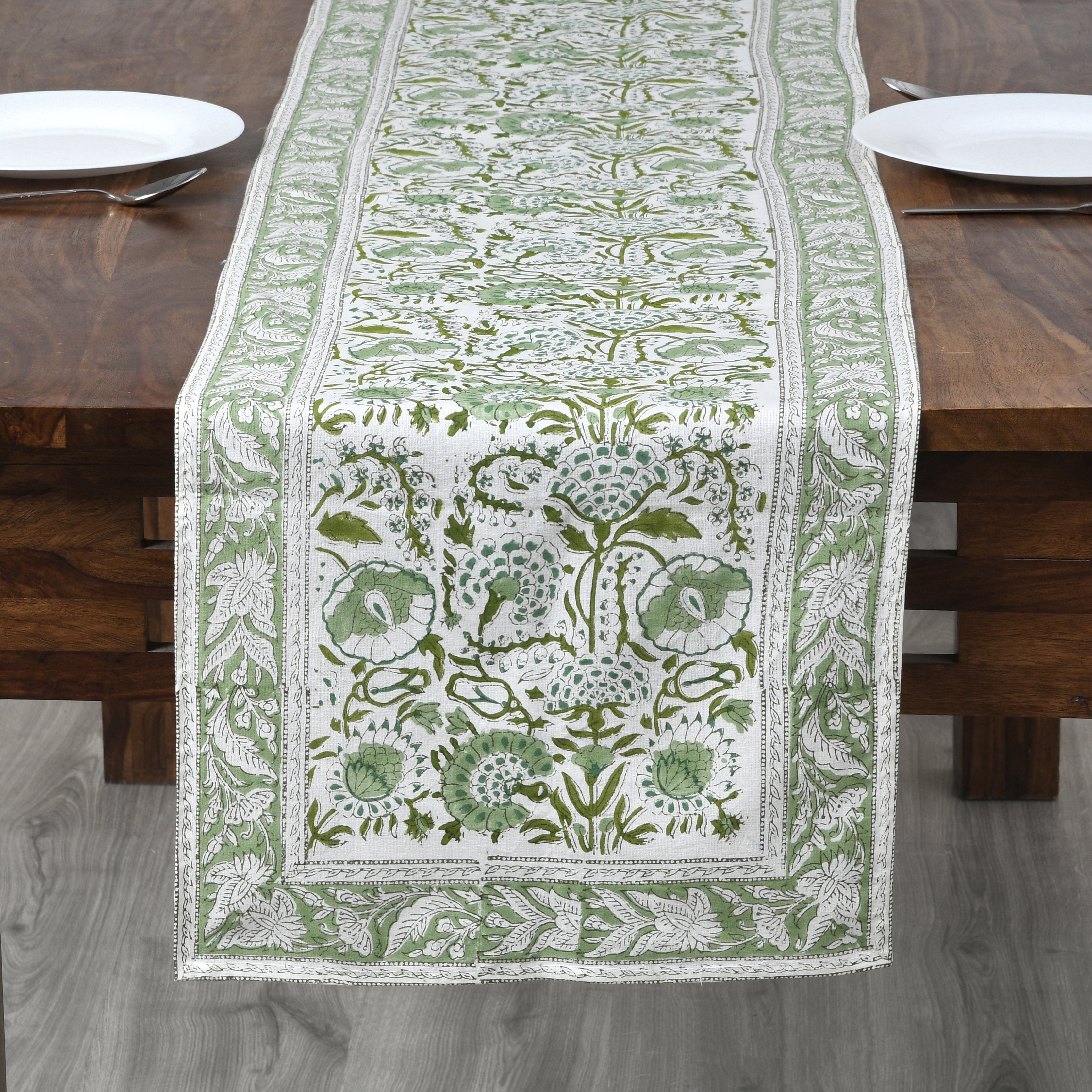 Cotton Block Print Table Runner - Agate Green