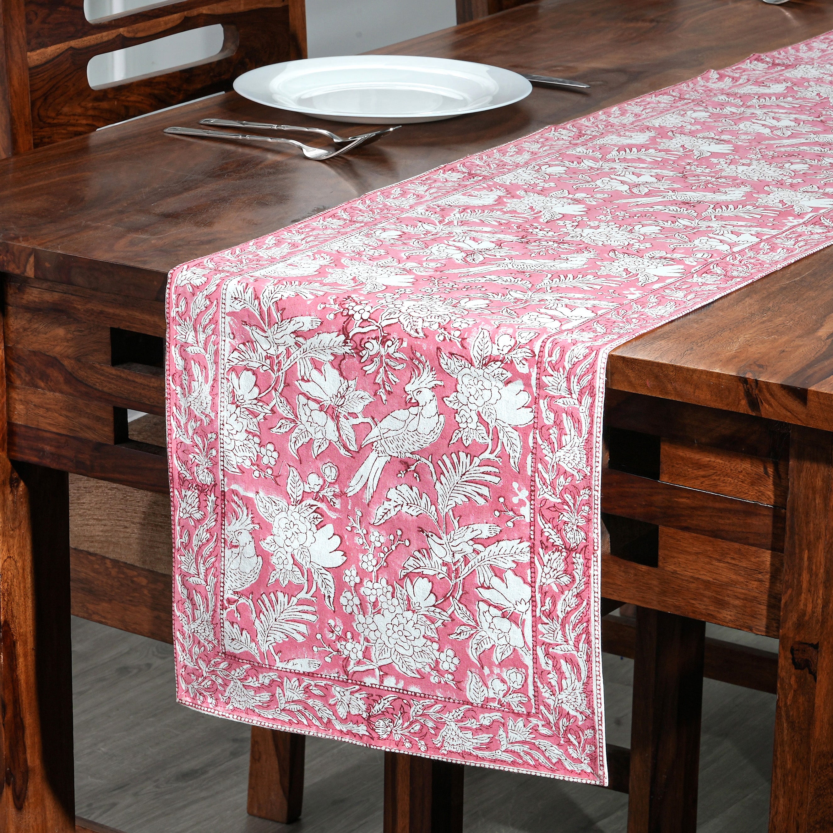 Cotton Block Print Table Runner - Coral Pink