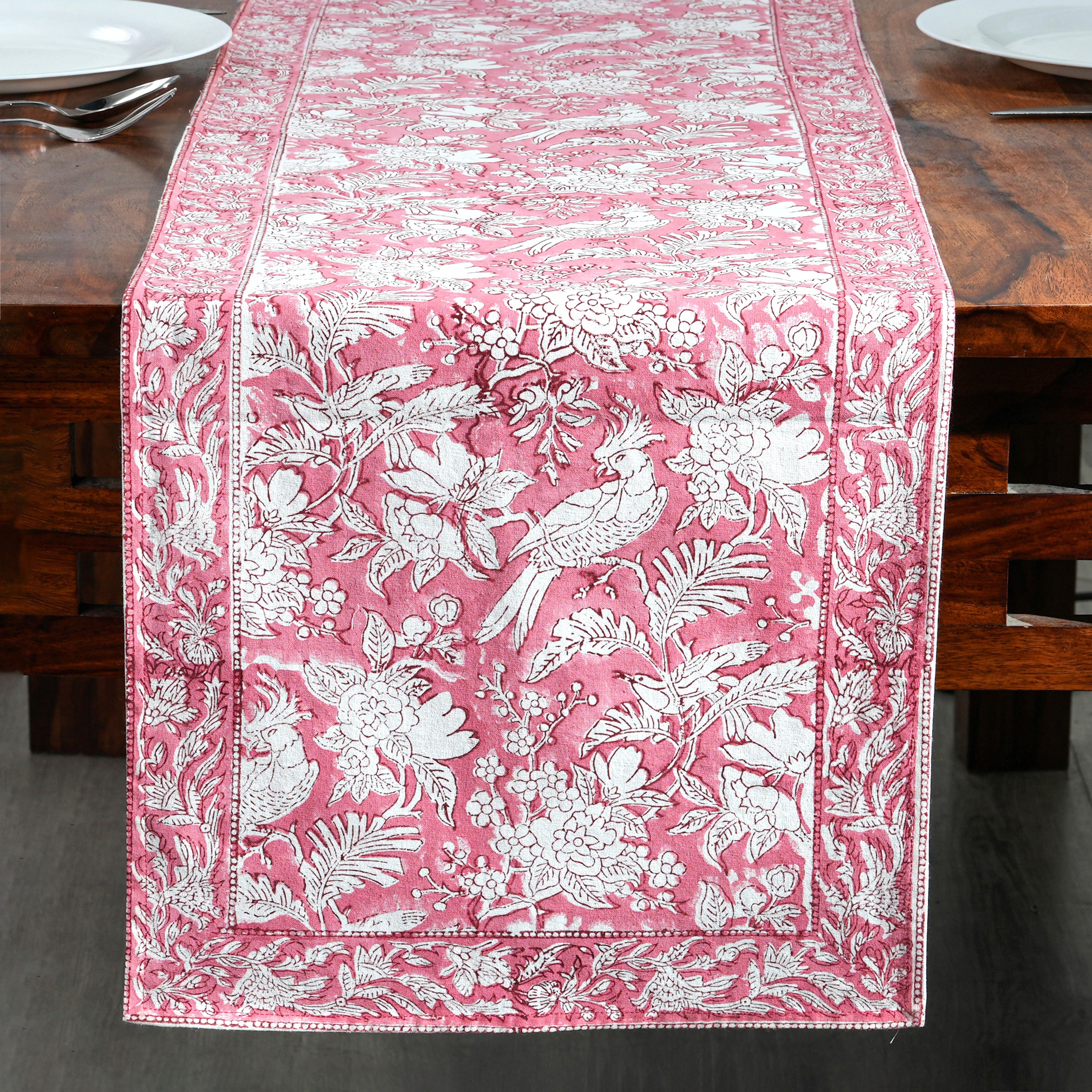 Cotton Block Print Table Runner - Coral Pink