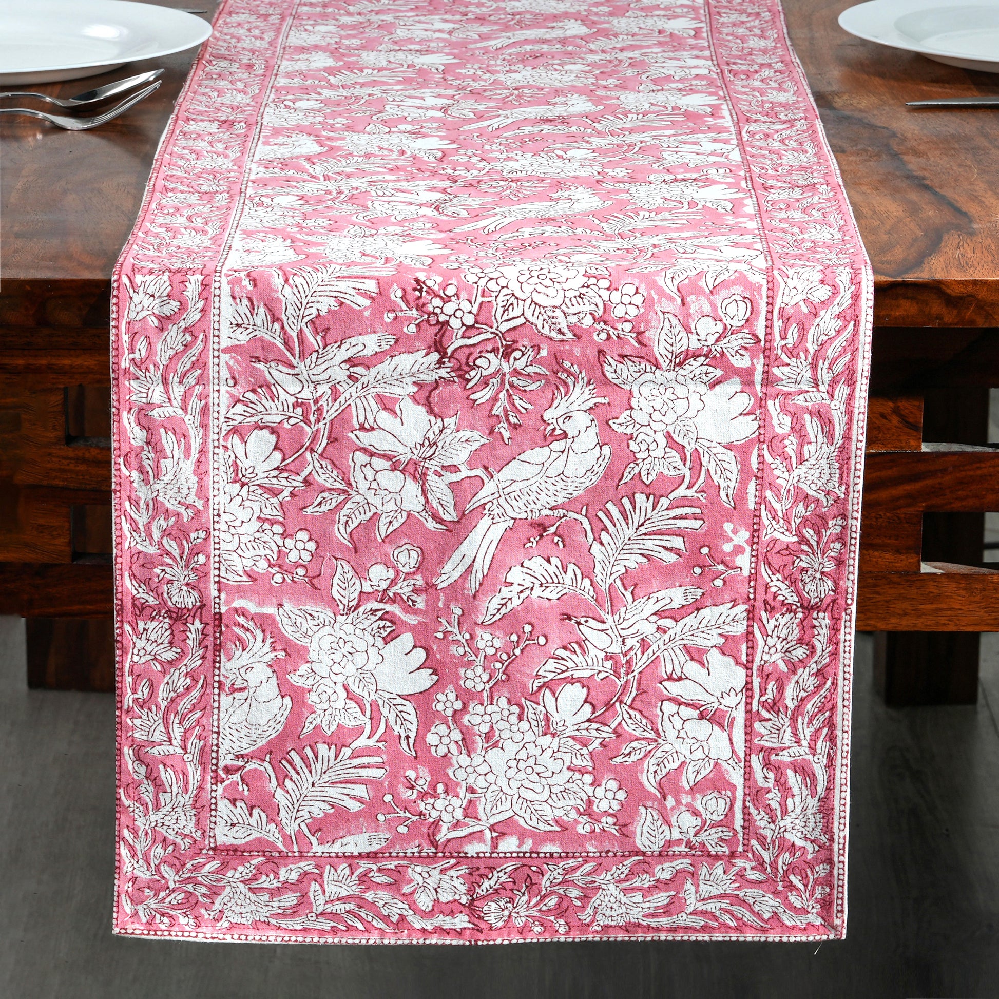 Cotton Block Print Table Runner - Coral Pink