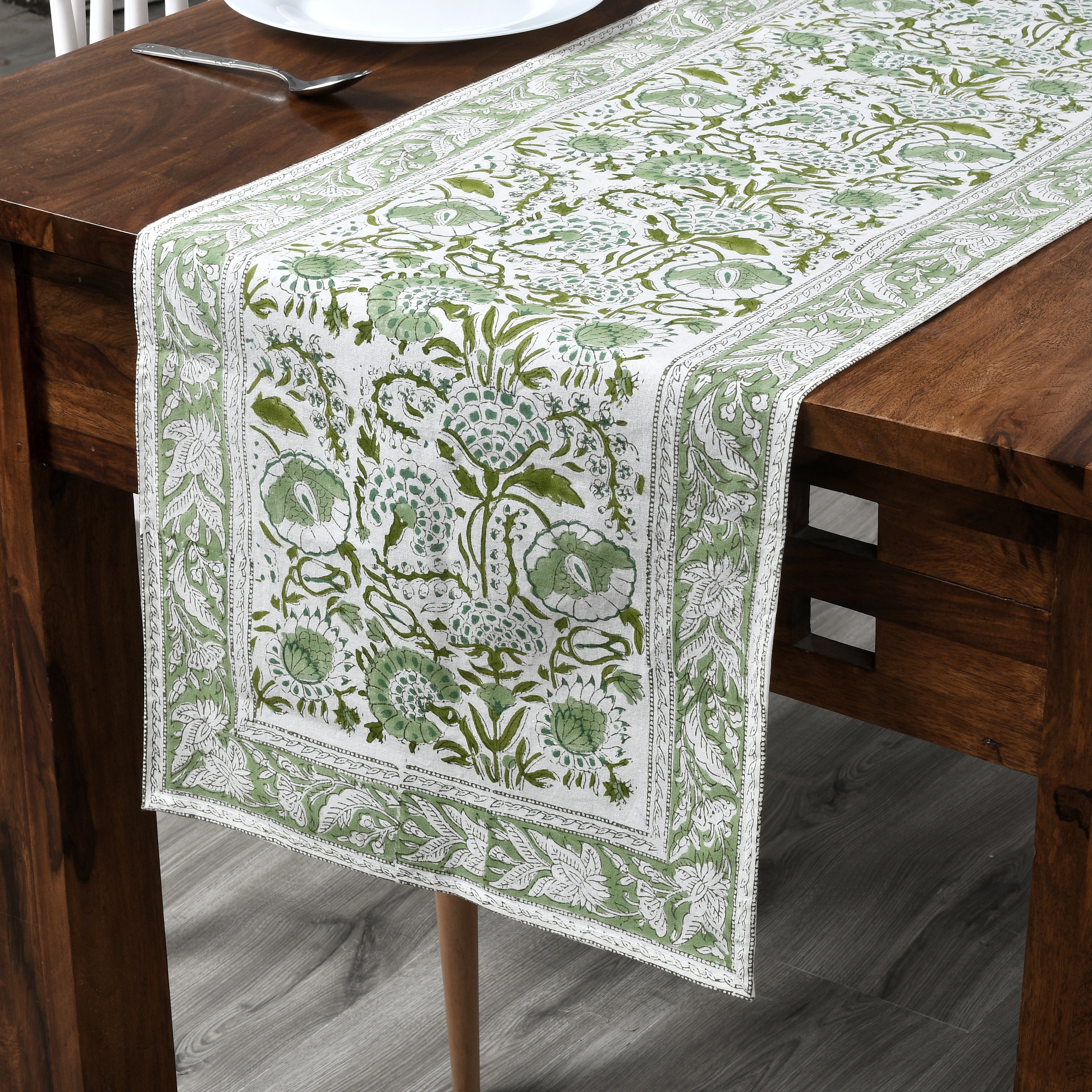 Cotton Block Print Table Runner - Agate Green