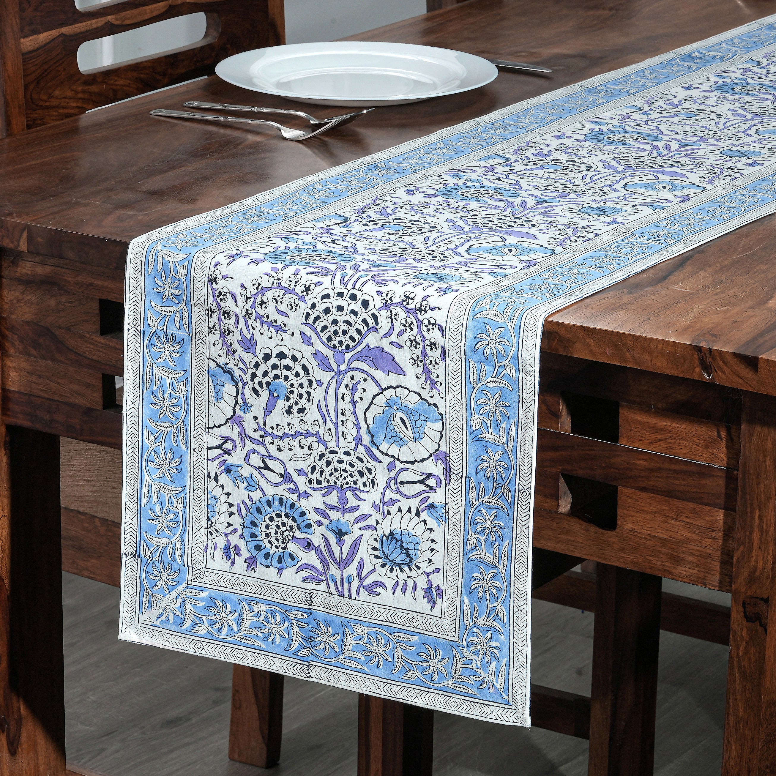 Cotton Block Print Table Runner - Indigo Blue