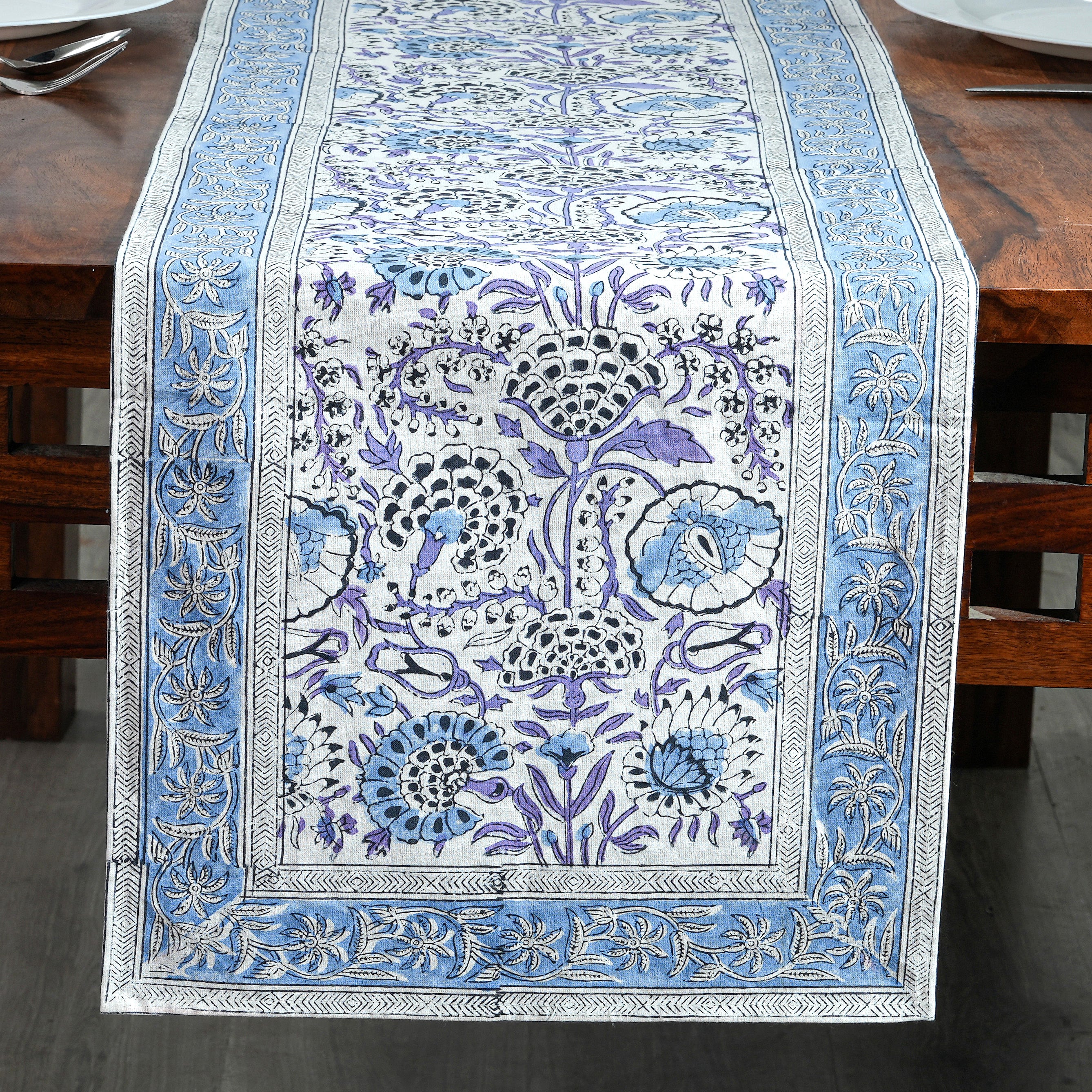 Cotton Block Print Table Runner - Indigo Blue