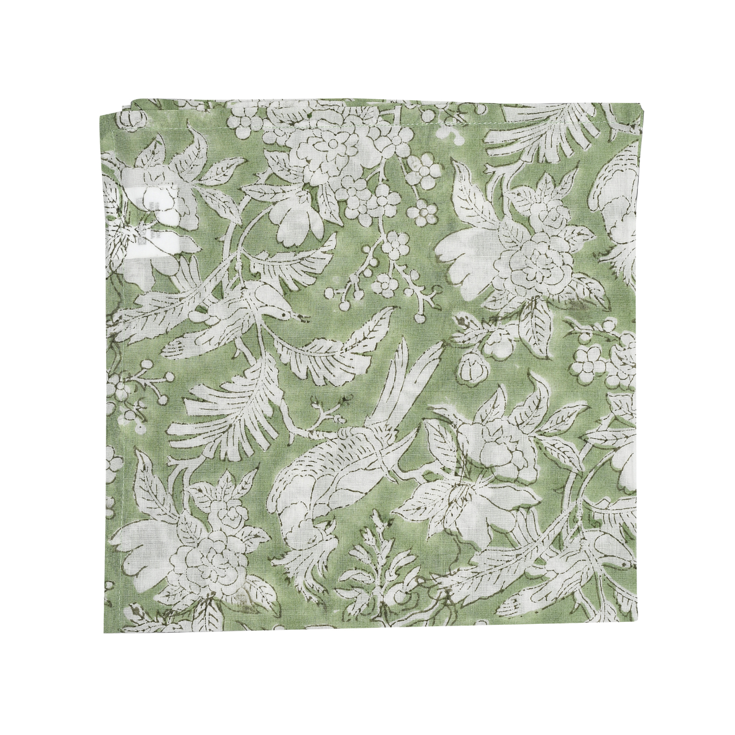 Flat lay of single folded green floral napkin