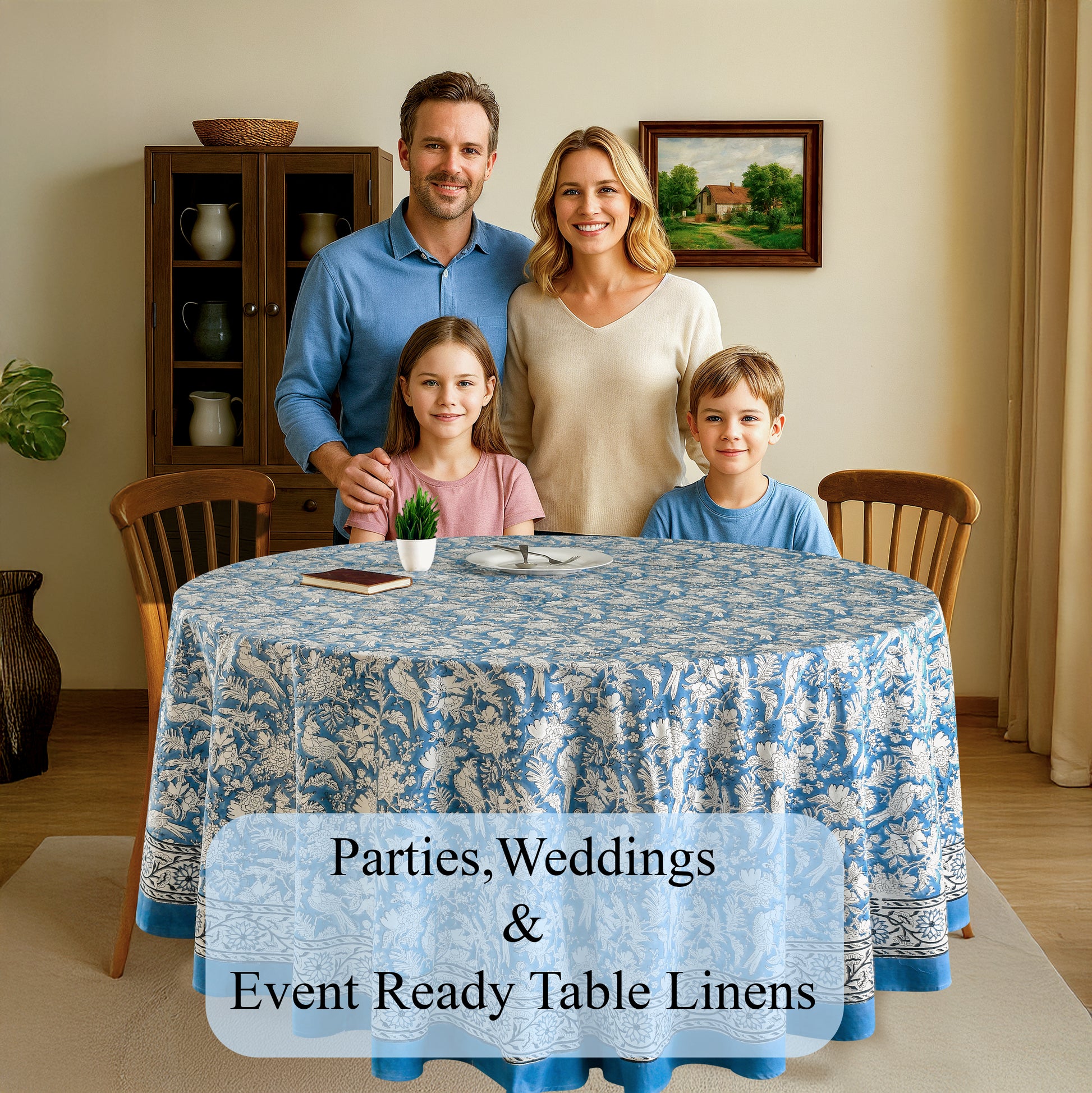 blue and white indian floral 100% cotton breathable round tablecloth