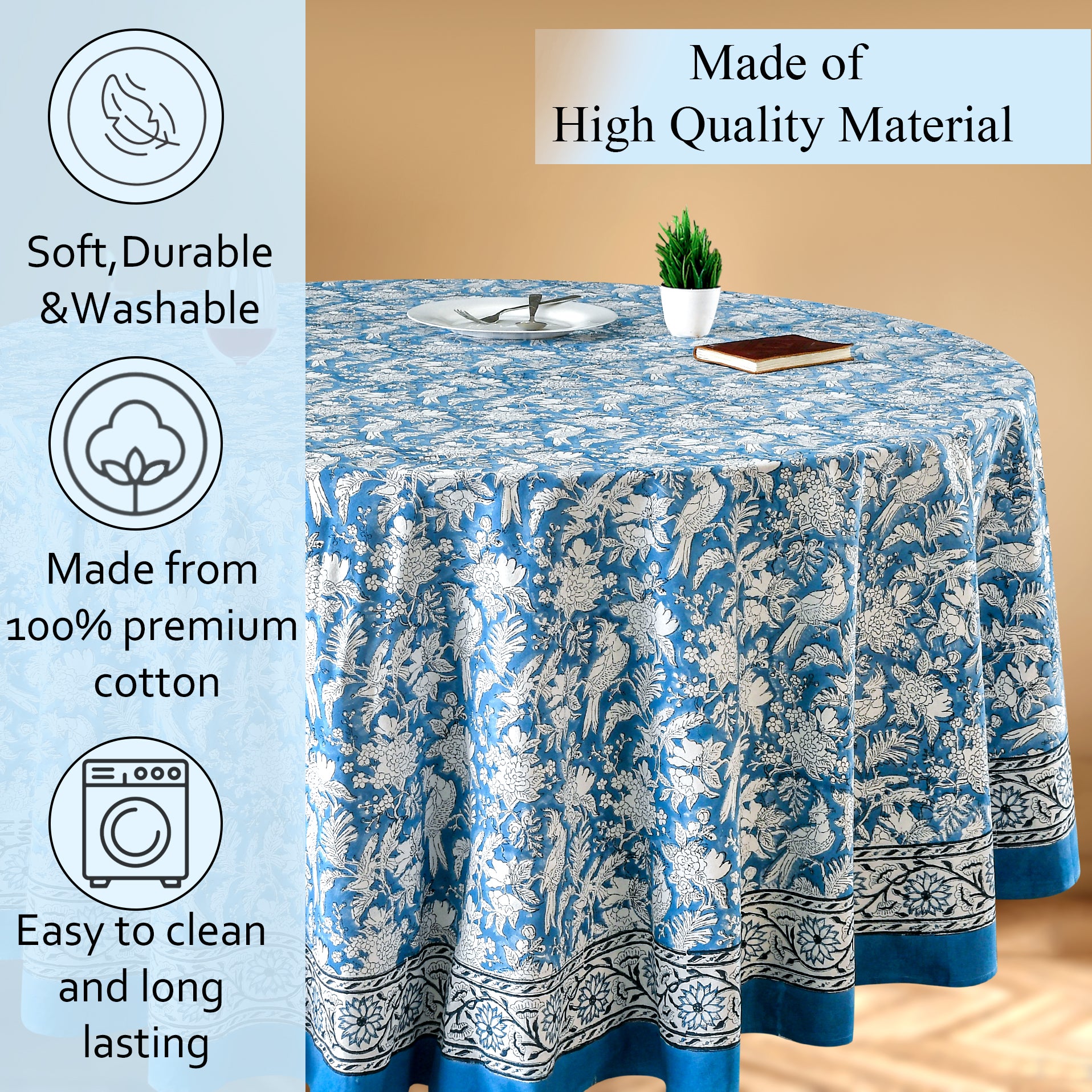 blue and white indian floral 100% cotton breathable round tablecloth
