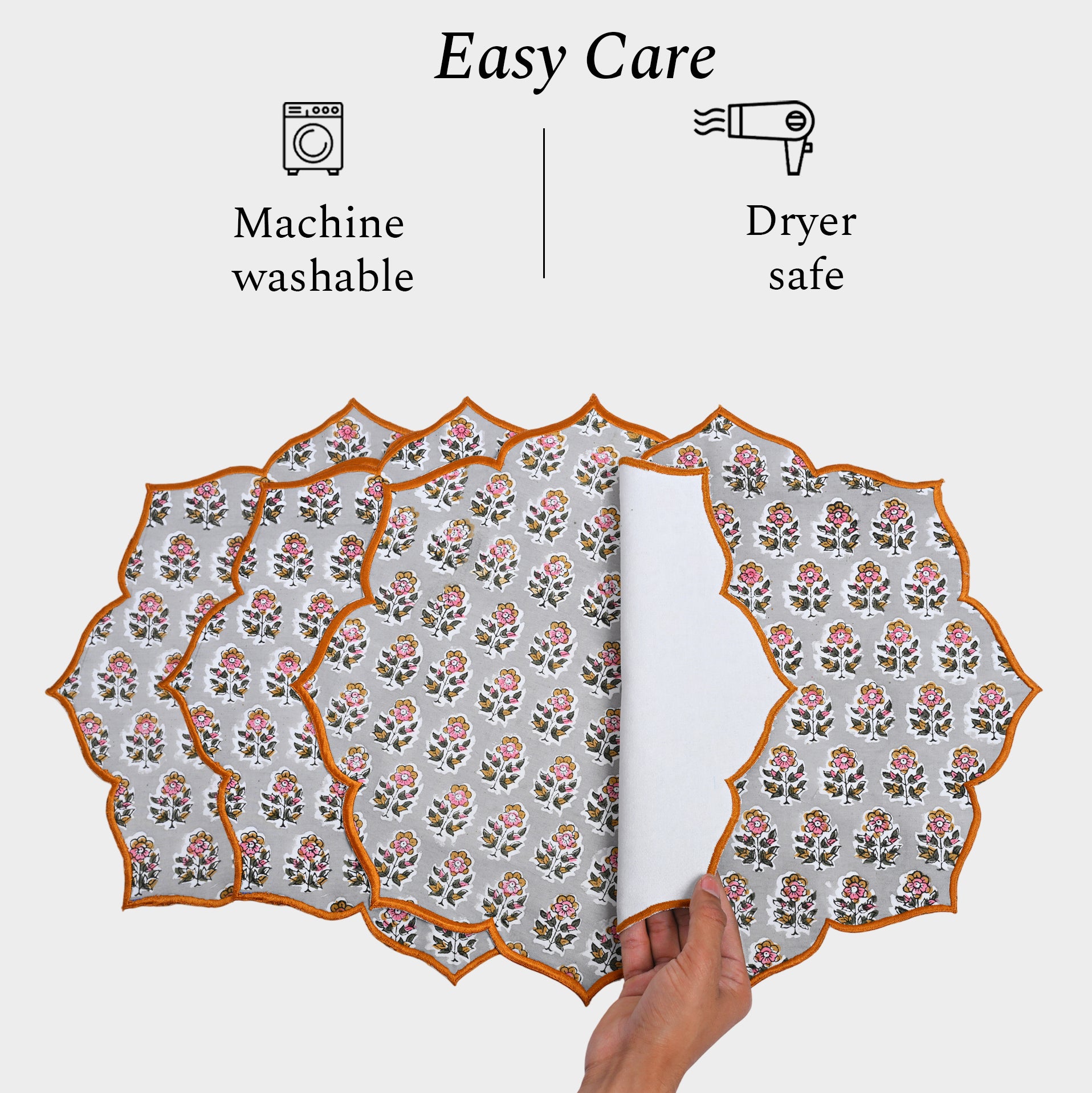 machine washable and dryer safe Embroidered gray placemat in calming labra gray tone