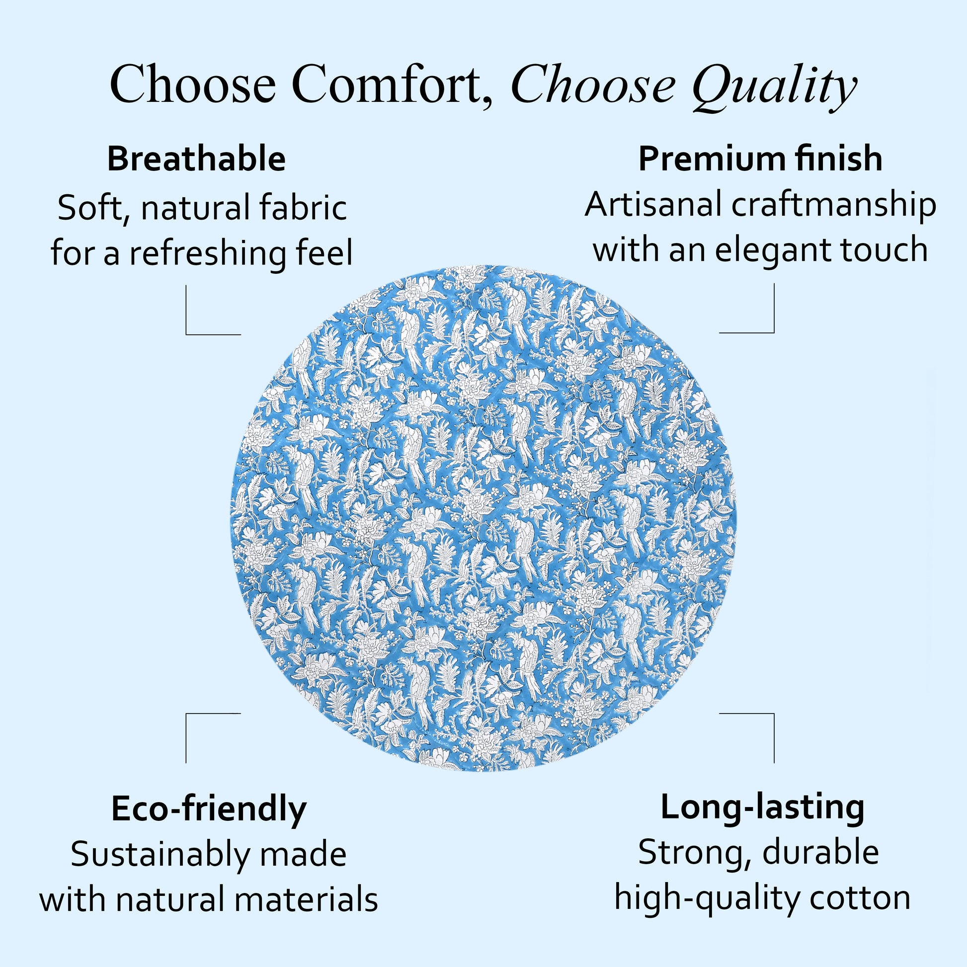 blue and white indian floral 100% cotton breathable round tablecloth
