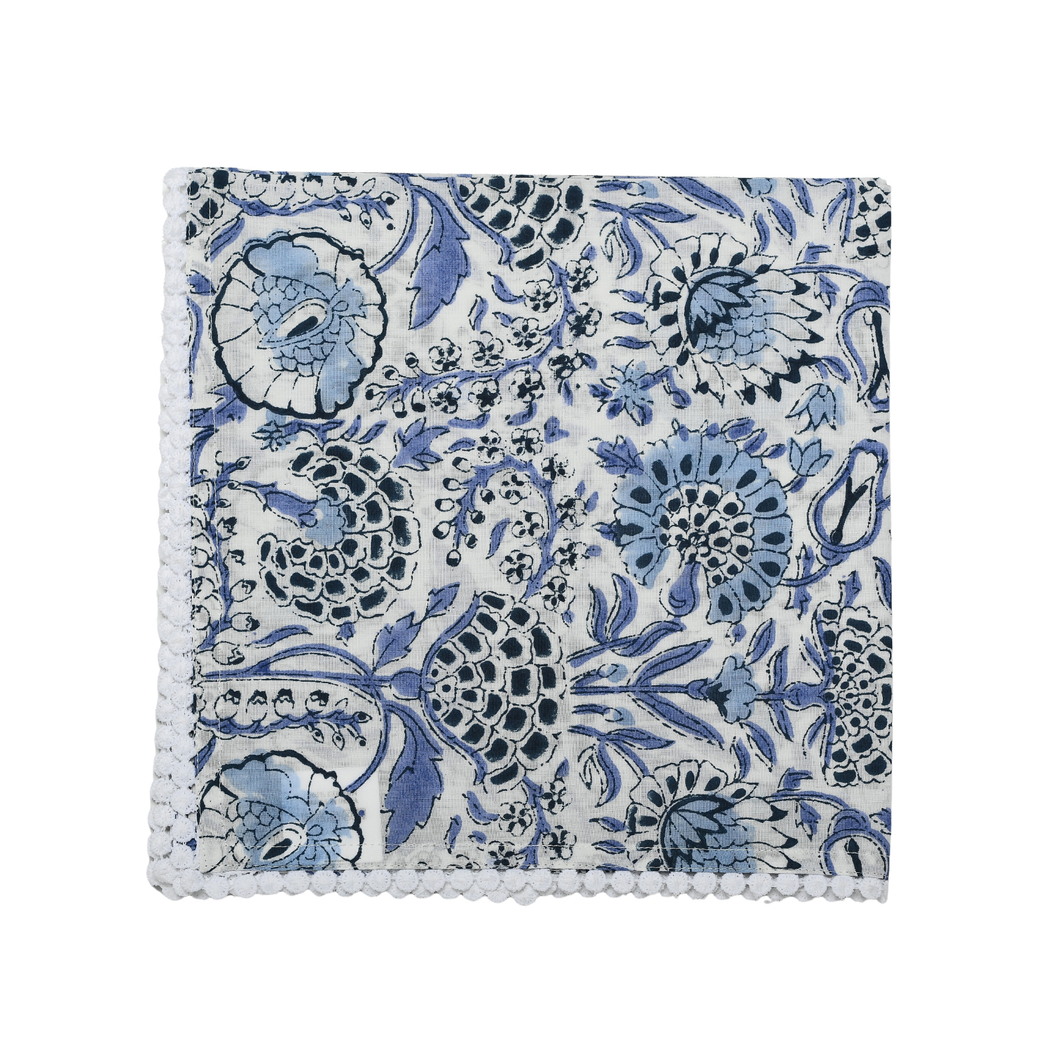 Single flat lay of blue and white floral cotton napkin.
