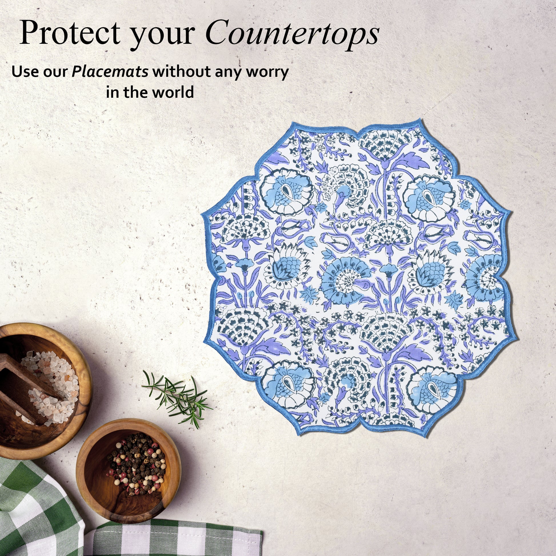 Elegant embroidered placemat in dark indigo hue