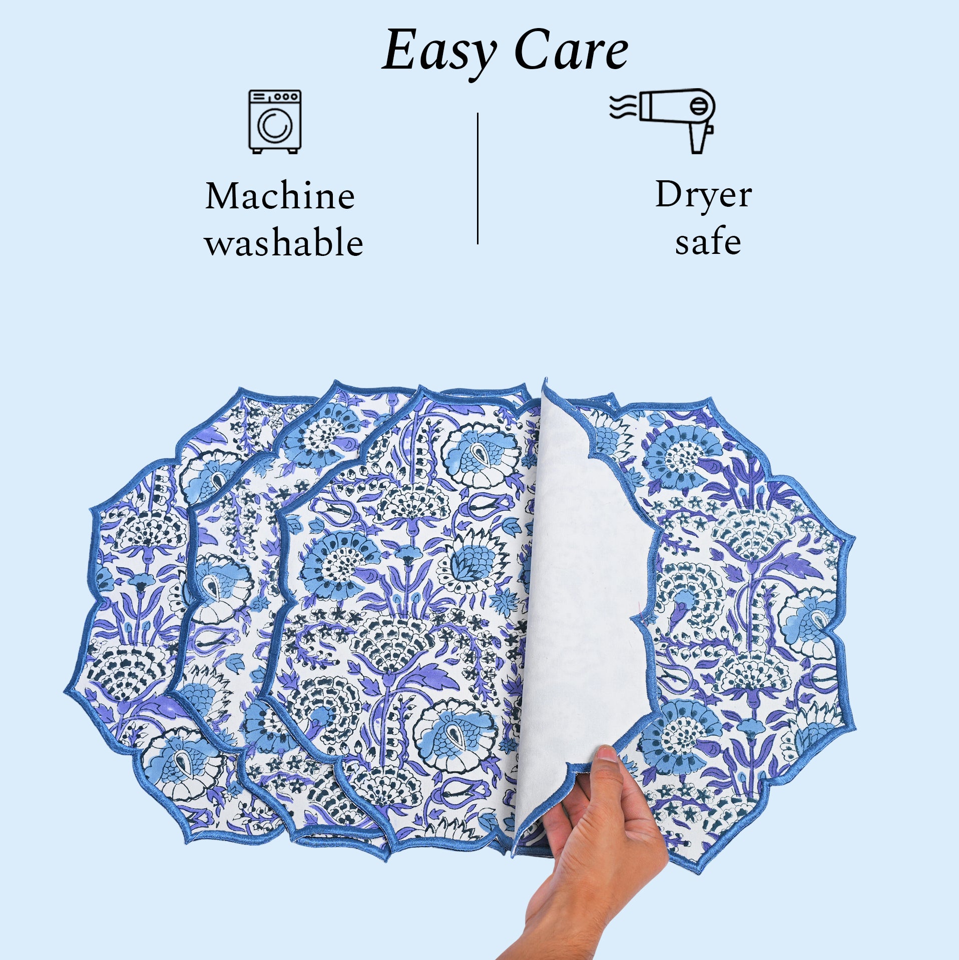 machine washable and dryer safe Indigo blue cotton placemat with refined embroidery