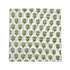 green floral block-printed napkin laid flat on white background.