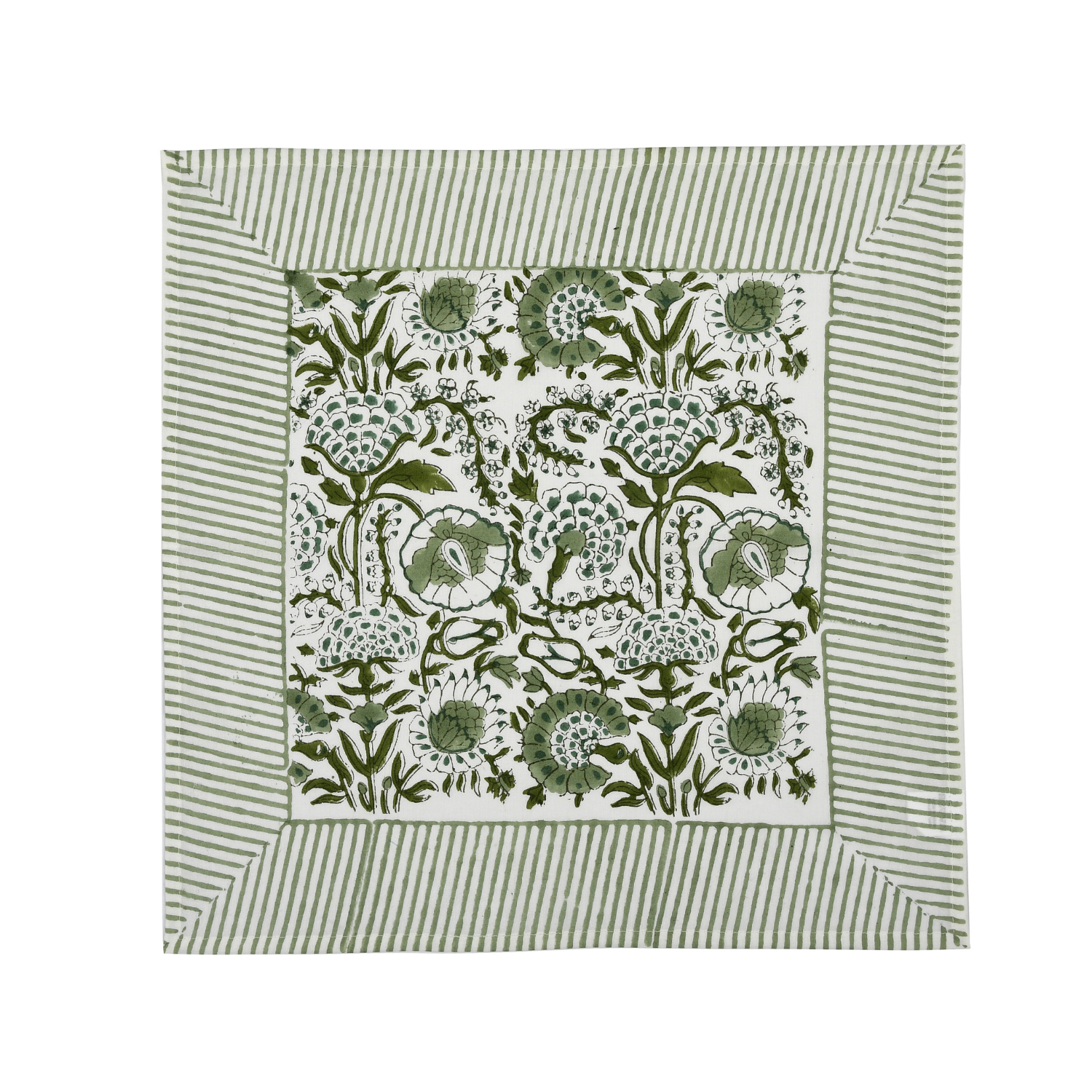 Green botanical block-printed cotton napkin in close-up.
