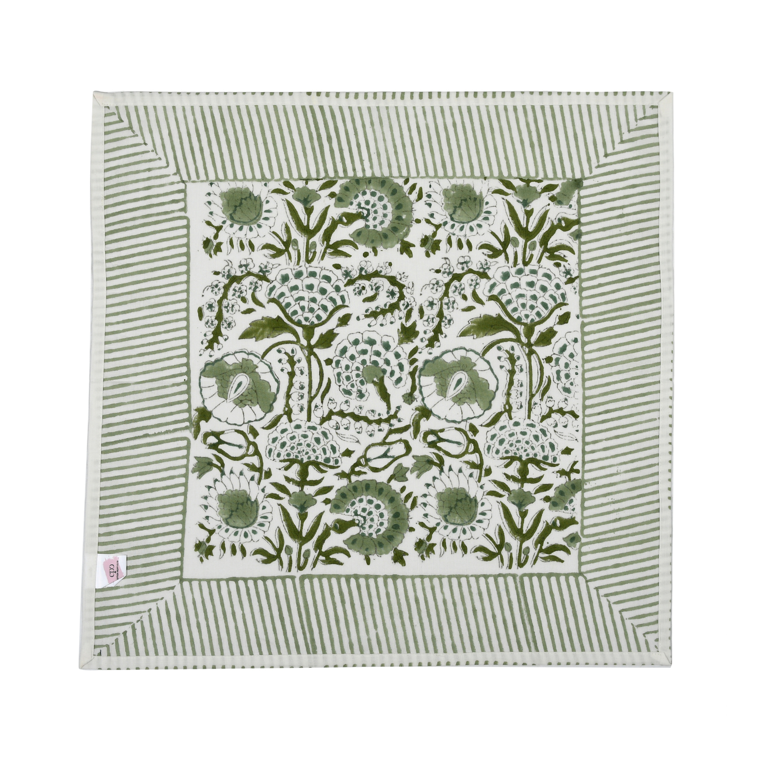 Green botanical block-printed cotton napkin in close-up.