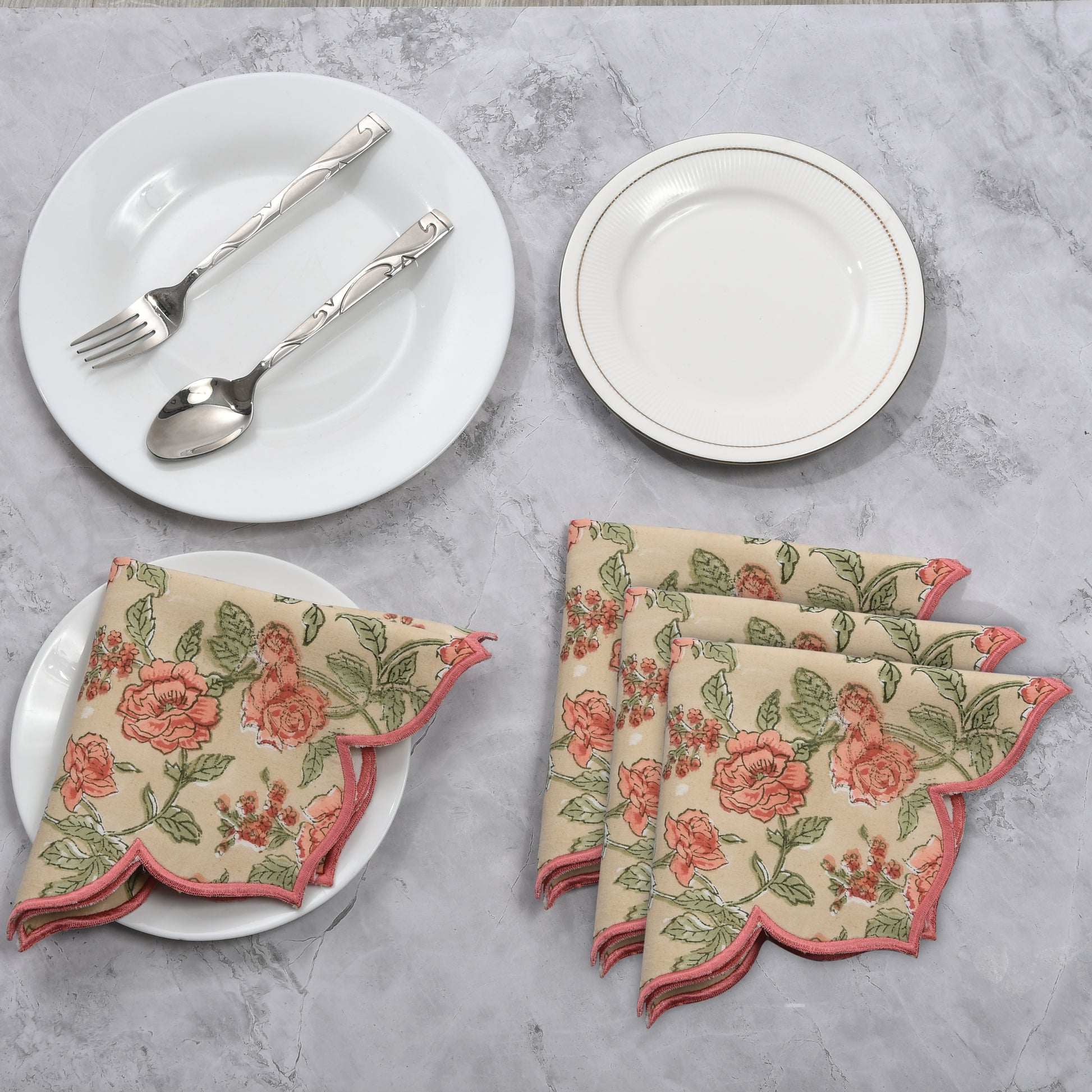 rose handprinted Fire opal cotton placemat styled with rustic tableware