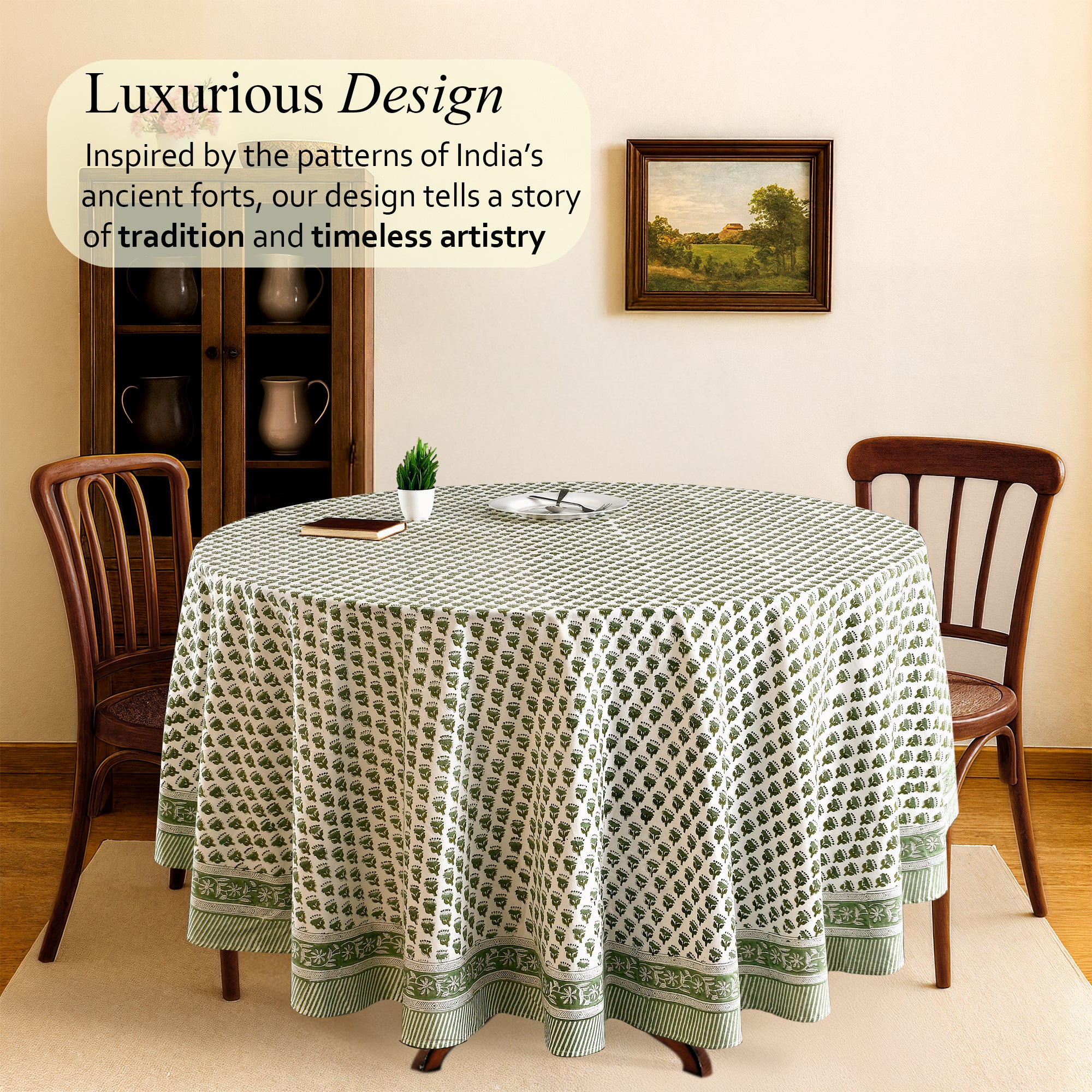 a round table with a green tablecloth on it