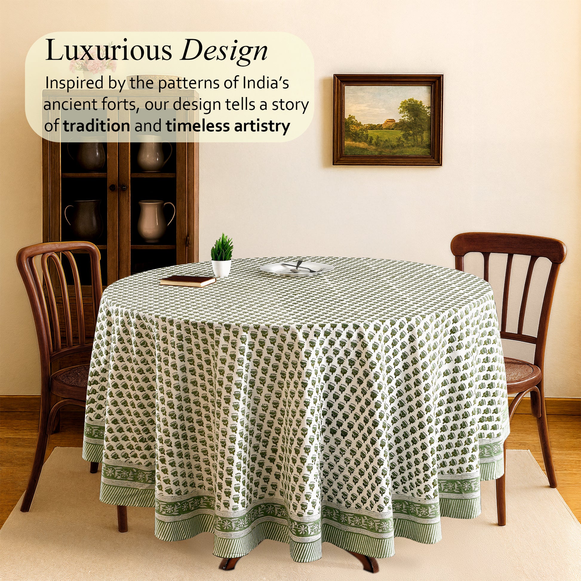a round table with a green tablecloth on it