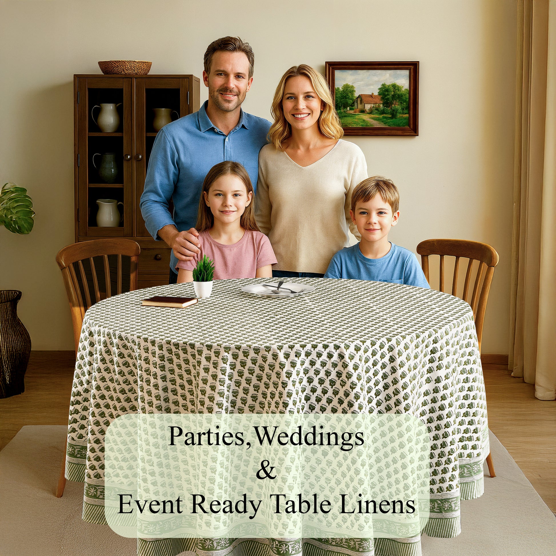 a round table with a green tablecloth on it