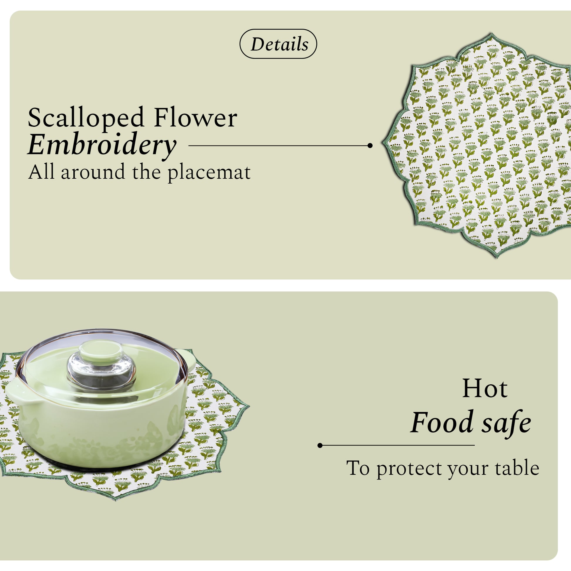 Vibrant emerald green cotton placemat with elegant embroidery