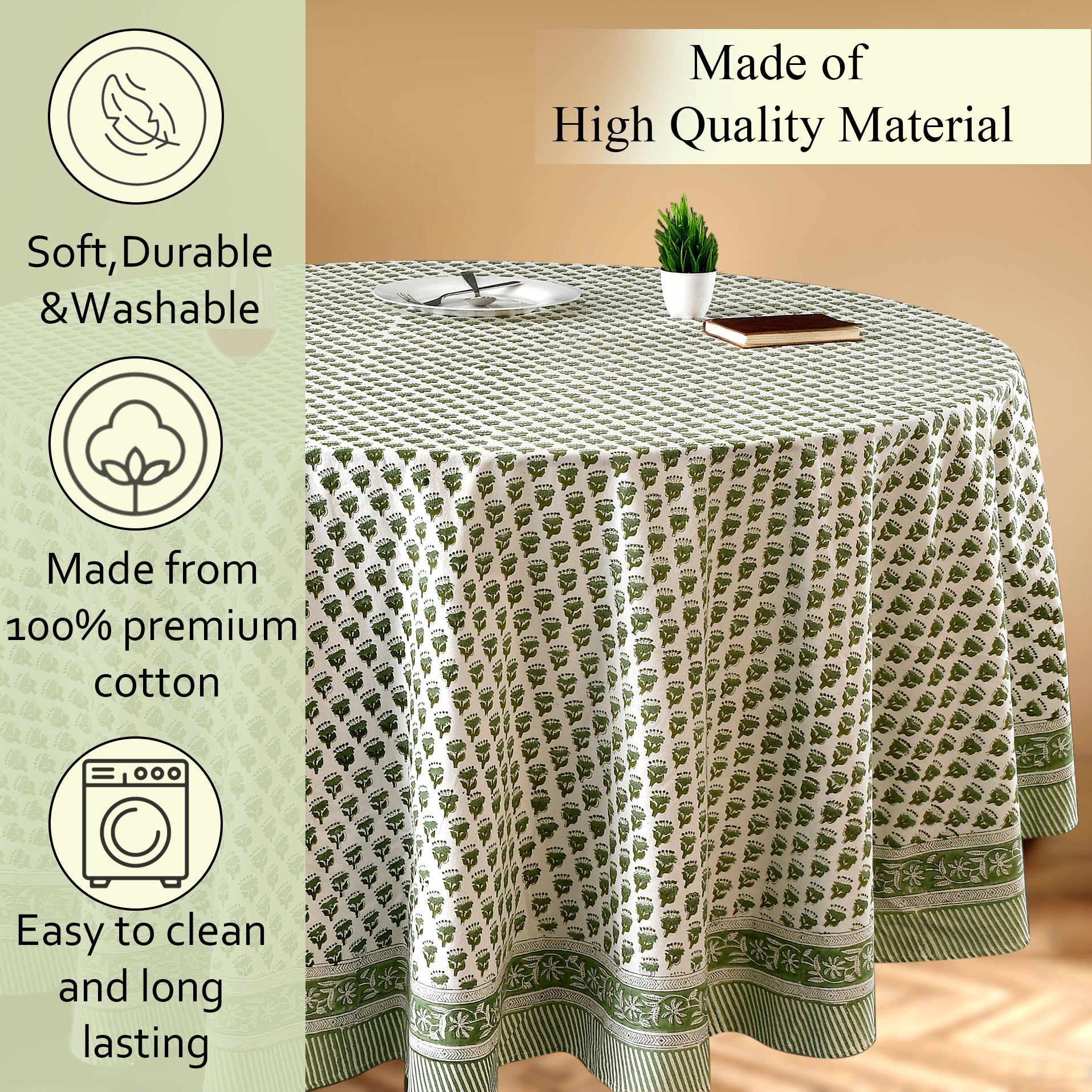 a round table with a green tablecloth on it
