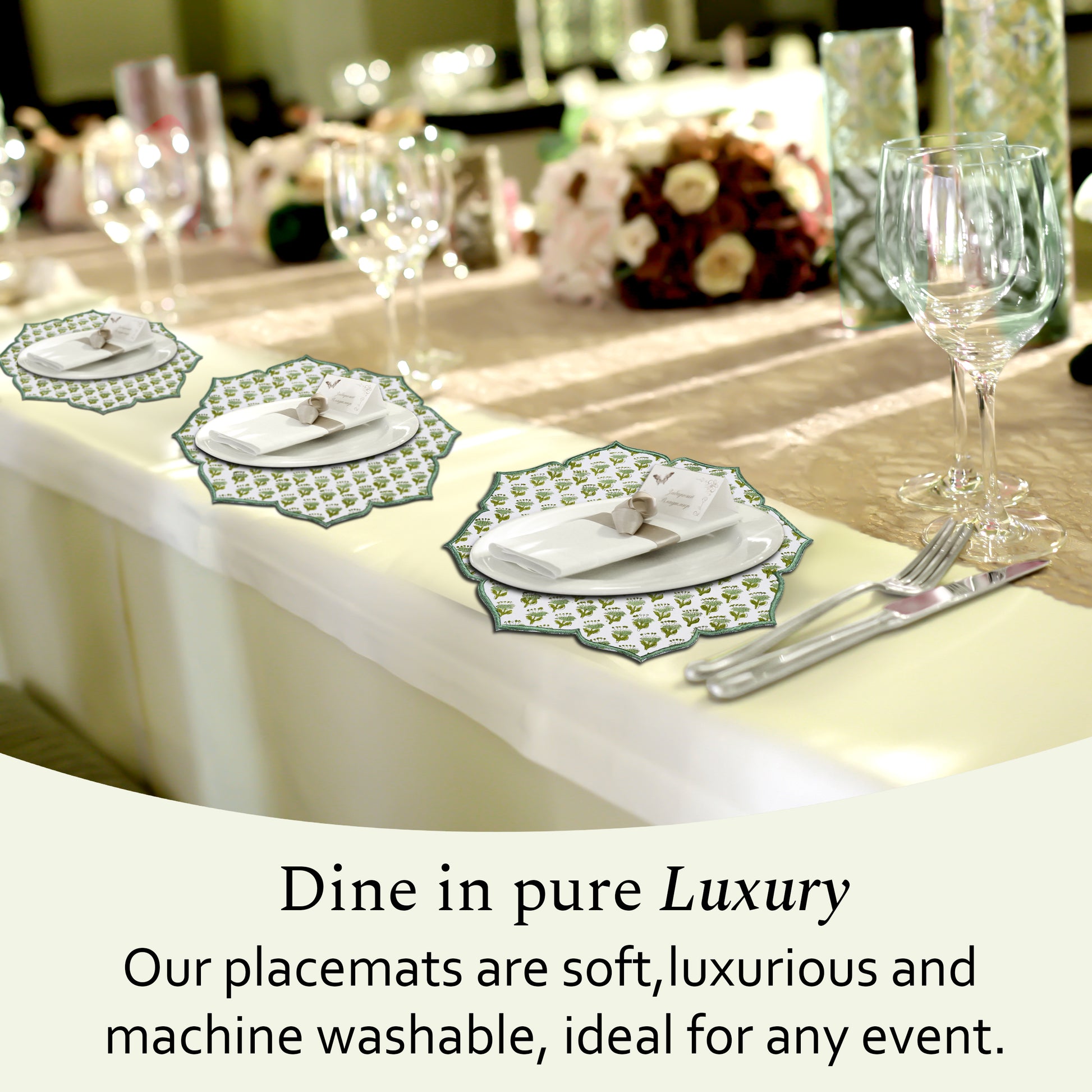 Elegant green cotton placemat paired with ivory plates