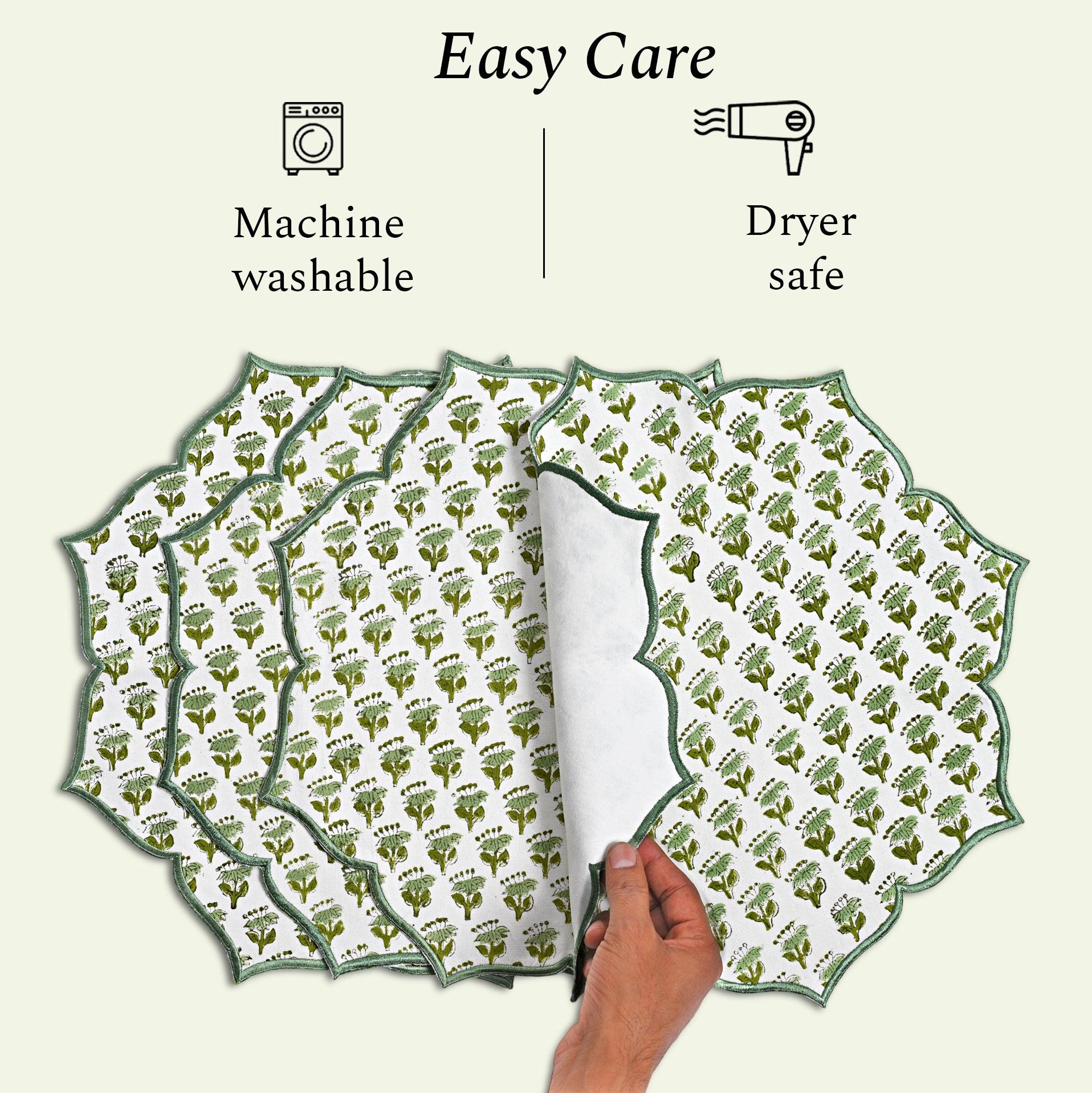 machine washable and dryer safe Embroidered emerald green placemat for festive table decor