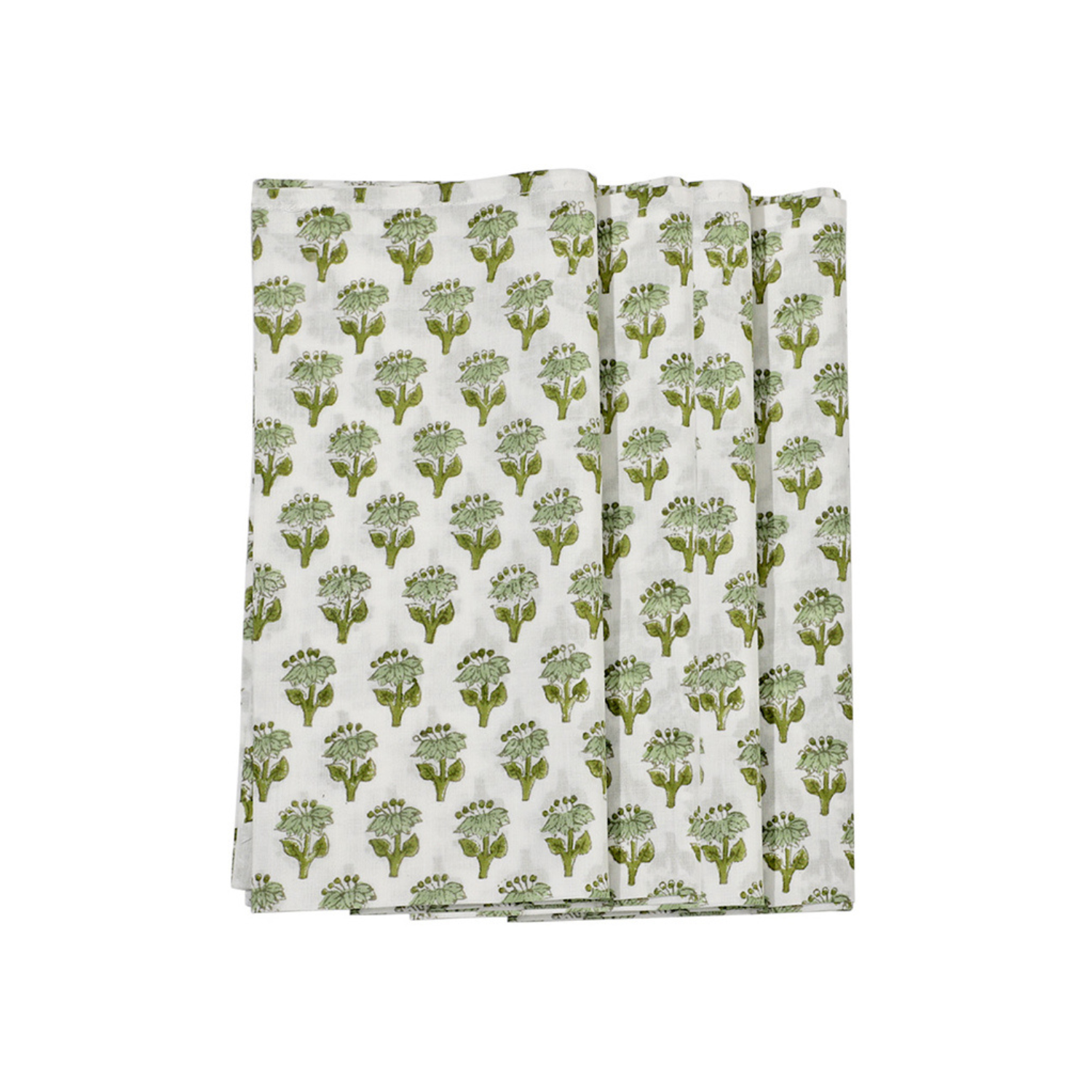 A set of folded emerald green cotton cloth napkins with a floral block print design on a white background.