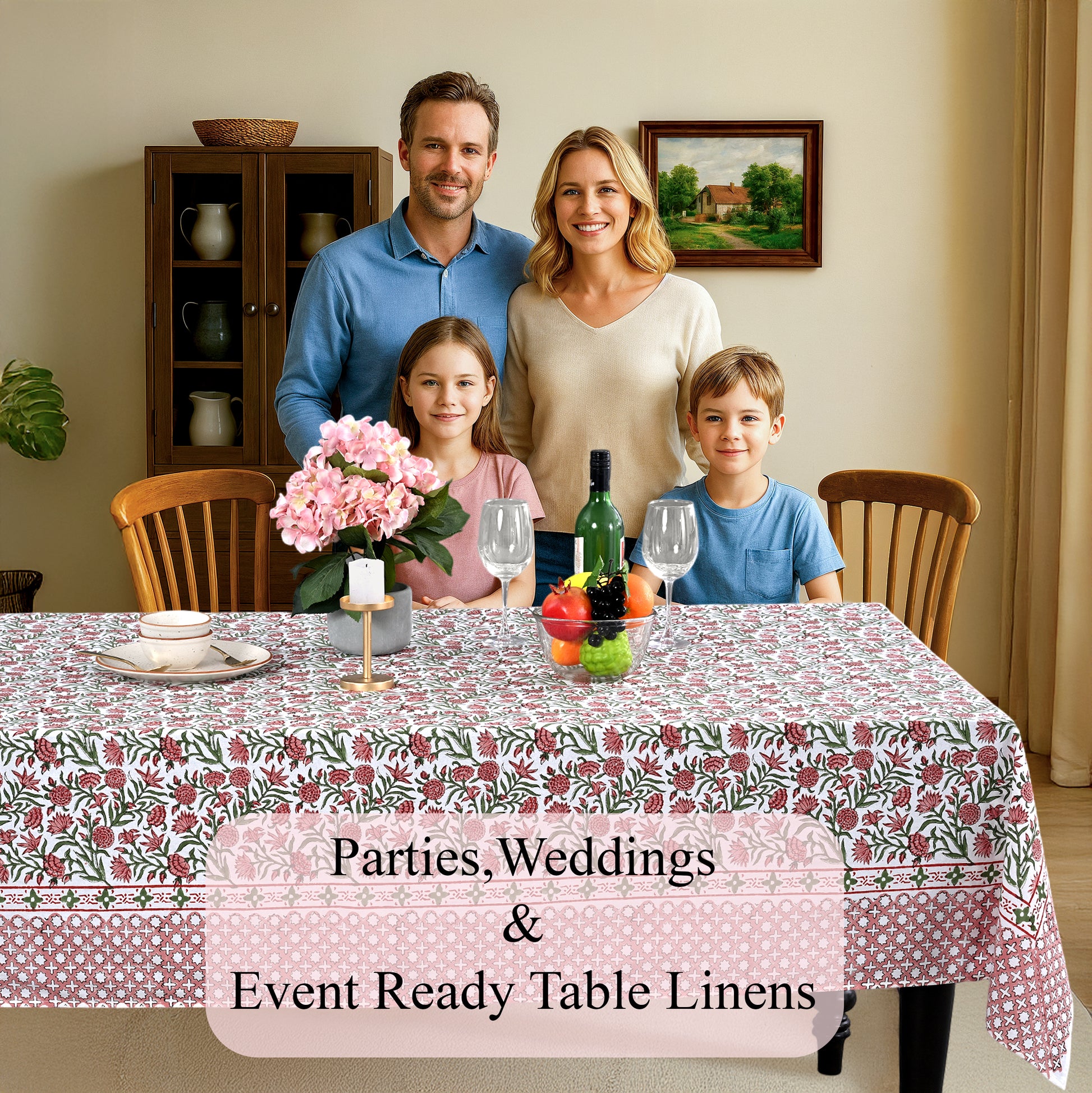 Red Garnet 100% Cotton Tablecloth on Farmhouse Table