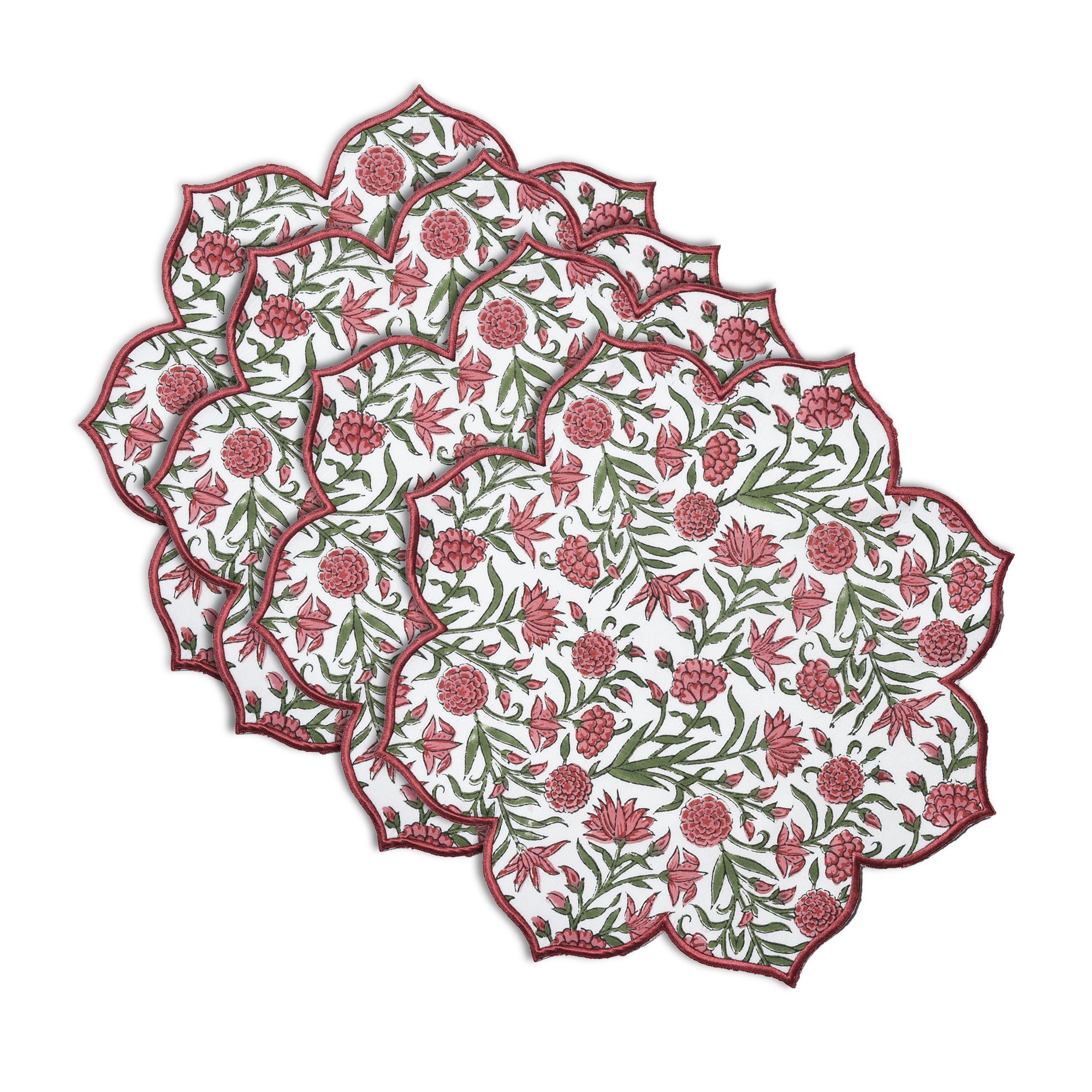 set of 4 Rich red and green floral garnet cotton placemat with scalloped edge embroidery