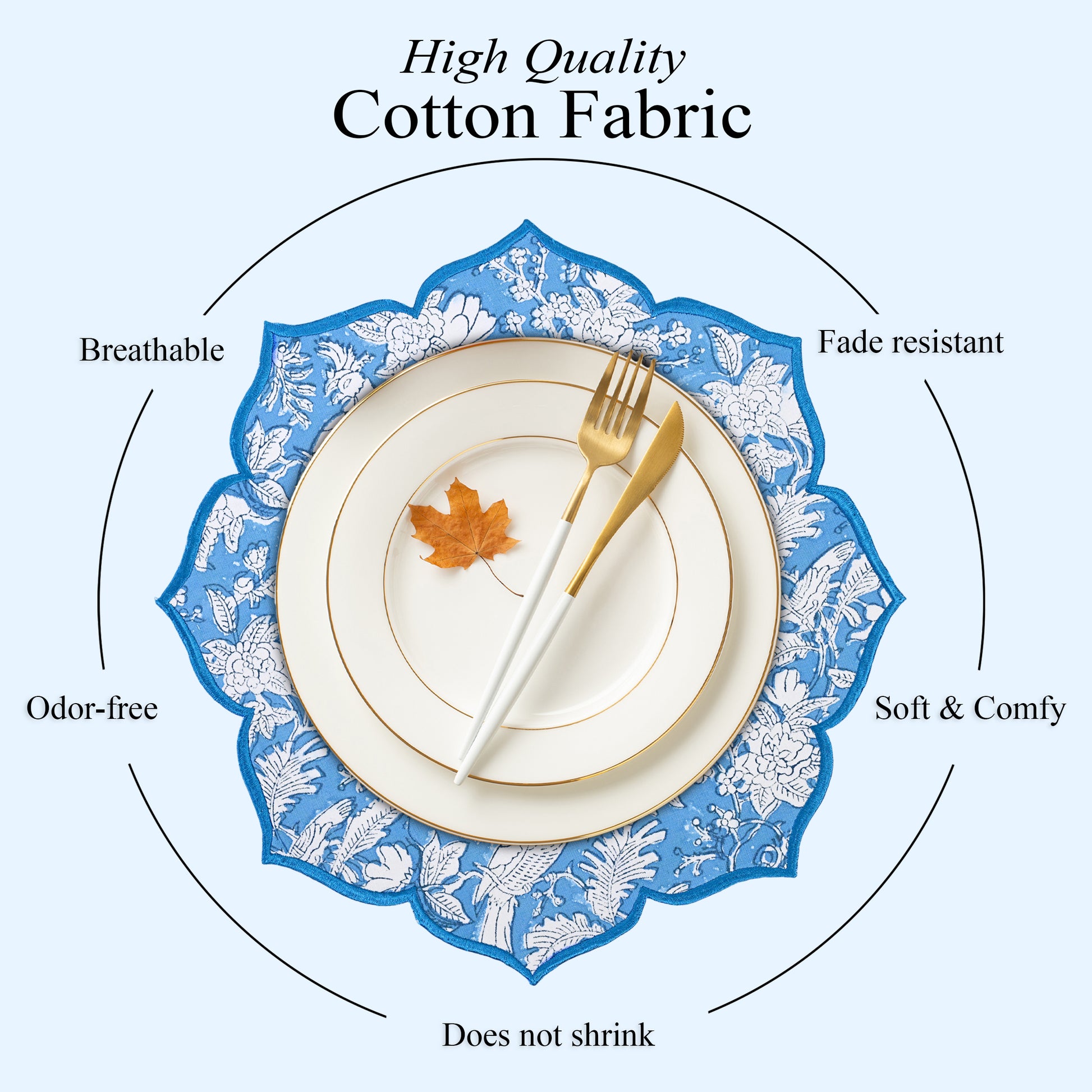 Embroidered cotton placemat in rich blue hue