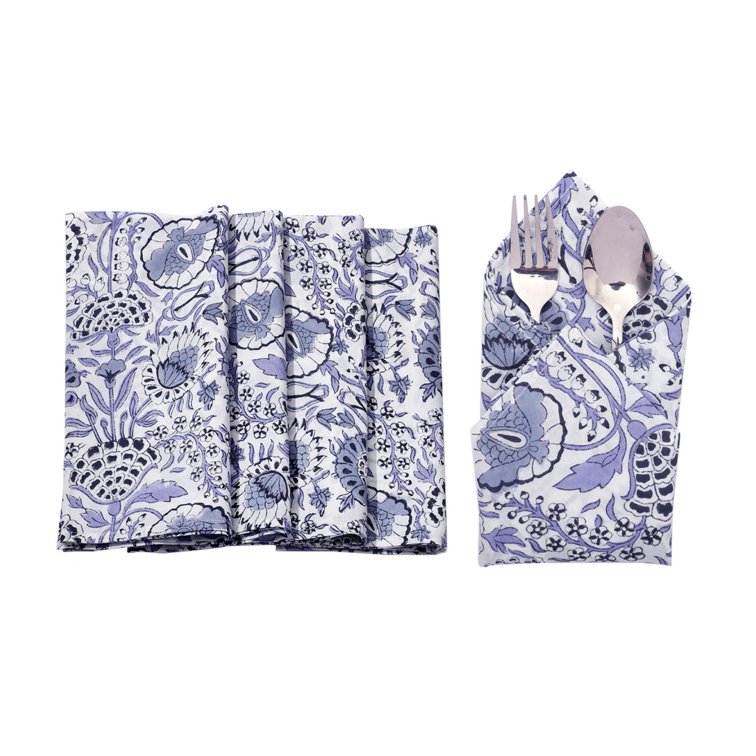 Six blue floral napkins displayed in a fan arrangement with a single folded one in the center holding silverware.