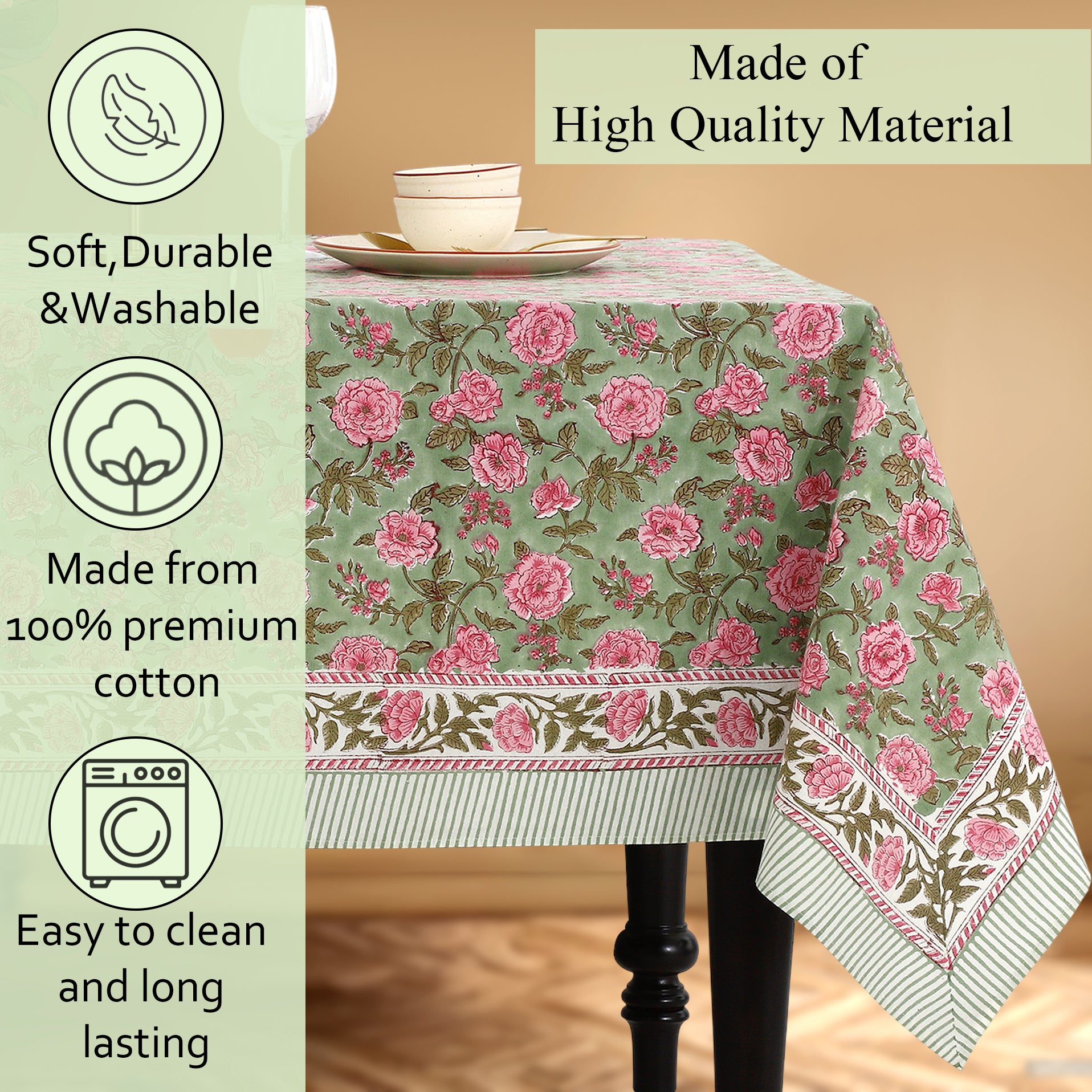 Pink Tourmaline Cotton Tablecloth on Farmhouse Table