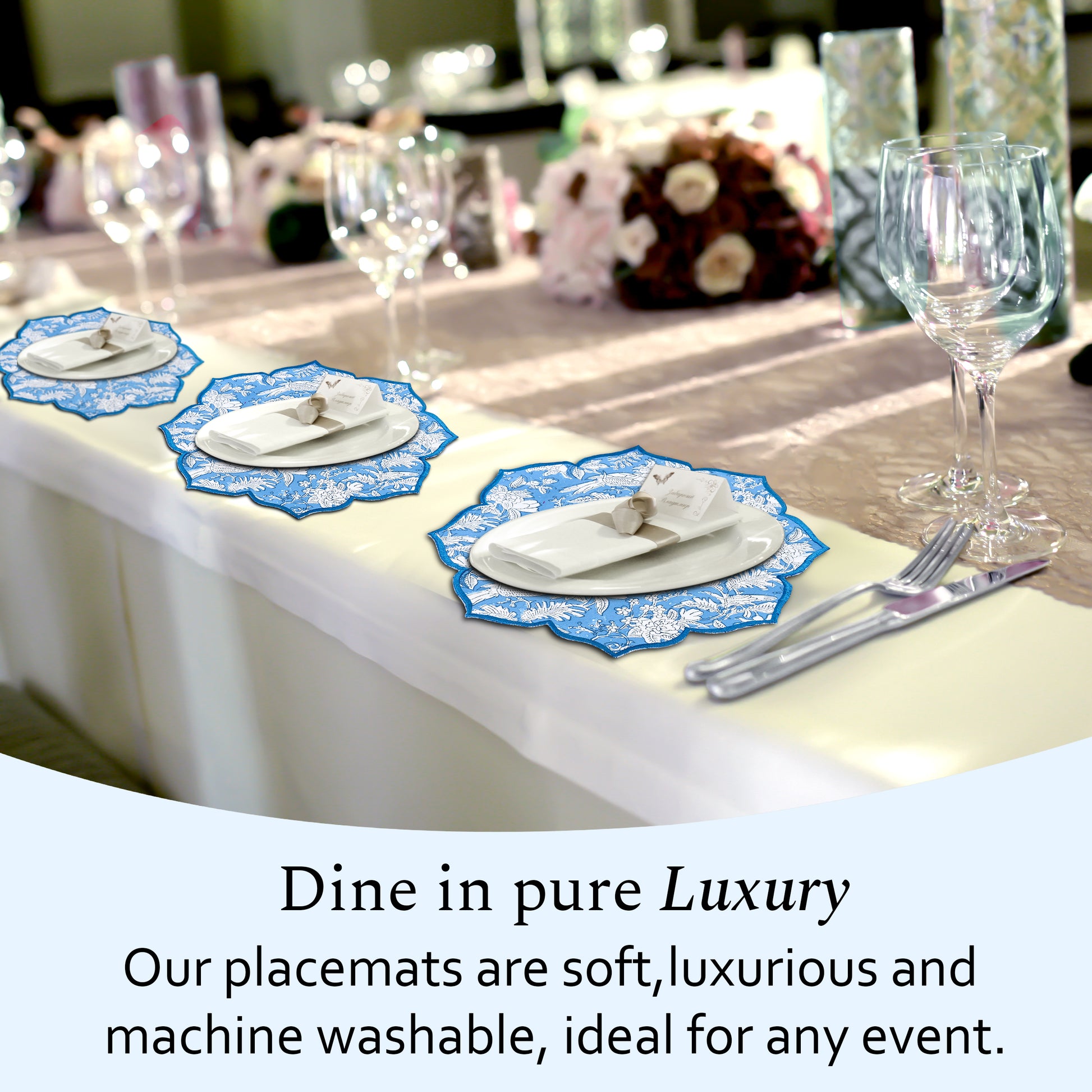 Blue sapphire scalloped edge placemat with floral threadwork