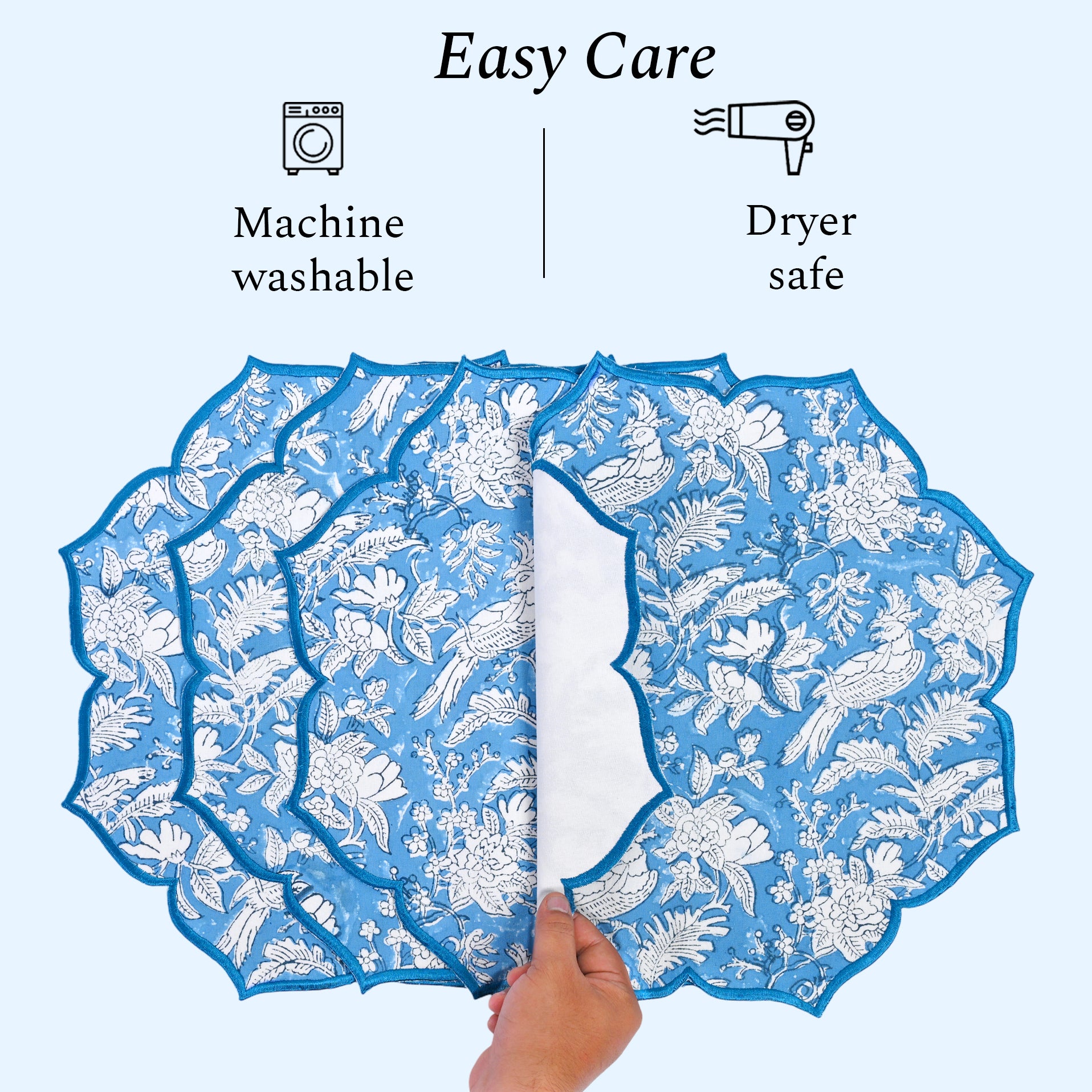 Sapphire-toned placemat with cotton texture and stitched details machine washable and dryer safe