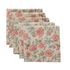 Stack of six folded tan floral cotton napkins on a white background.