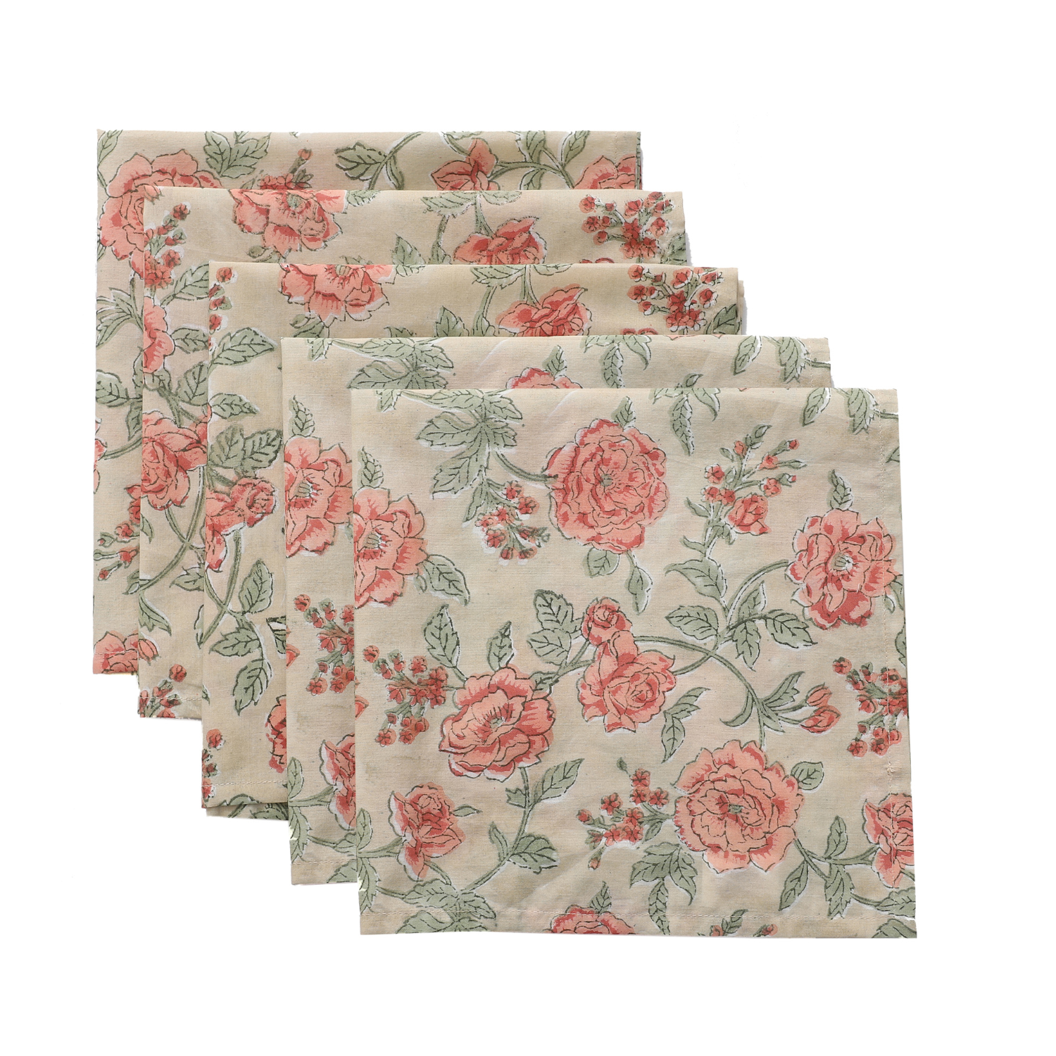 Stack of six folded tan floral cotton napkins on a white background.