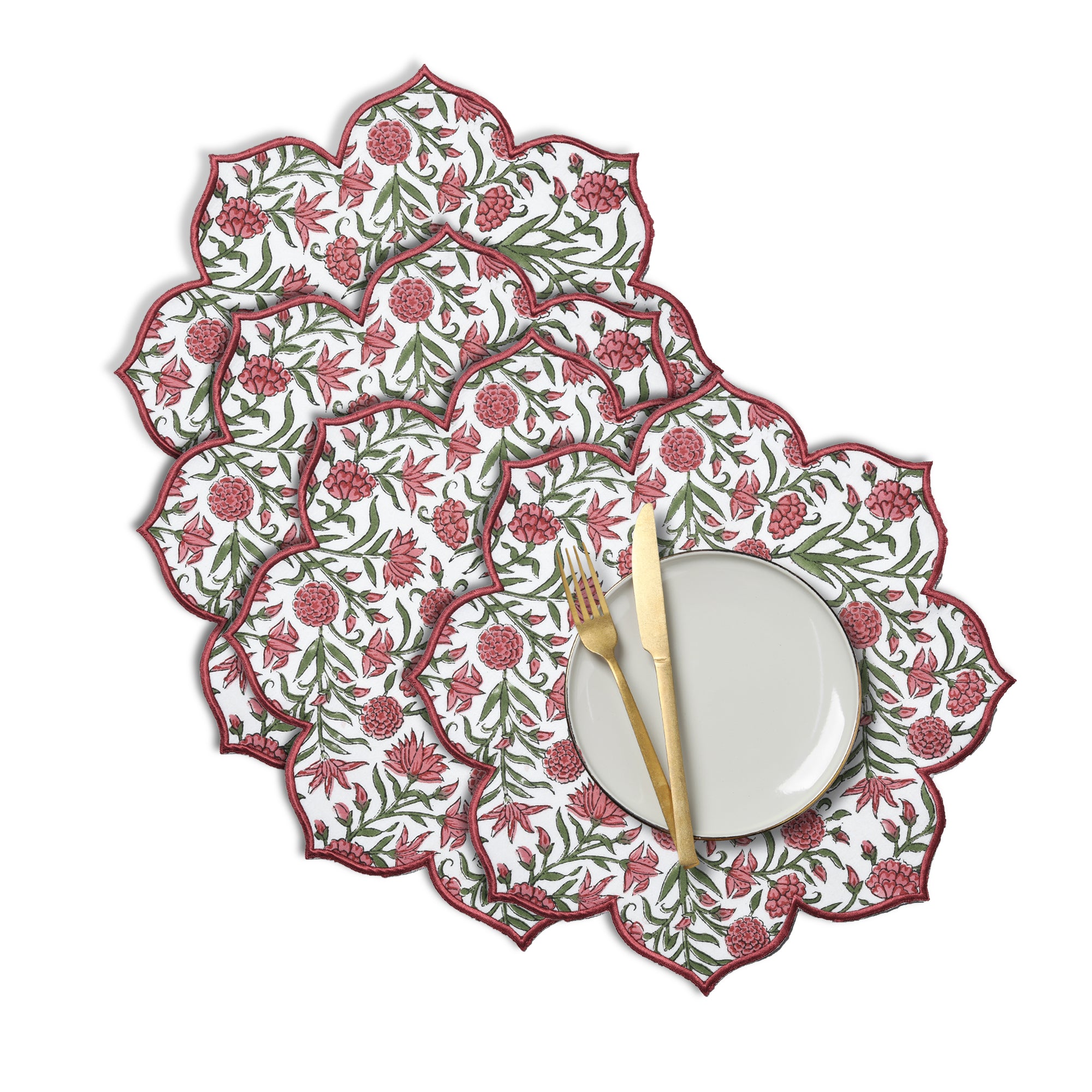 red floral garnet cotton placemat with scalloped edge embroidery
