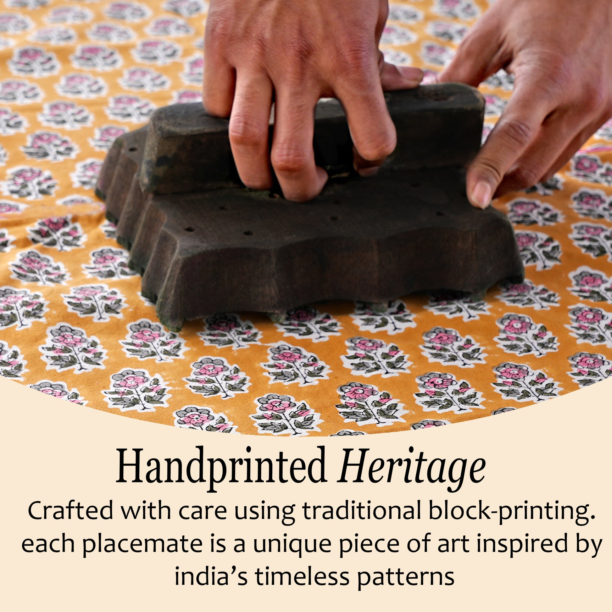 handblock printed cotton placemat in citrine yellow for sunny table settings