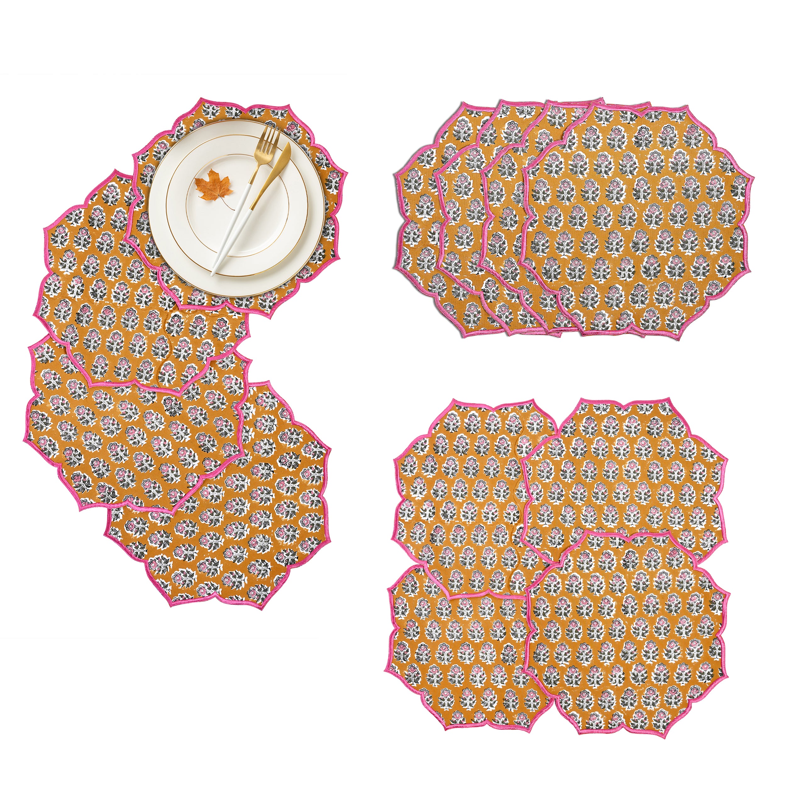Bright floral yellow citrine placemat with scalloped embroidery