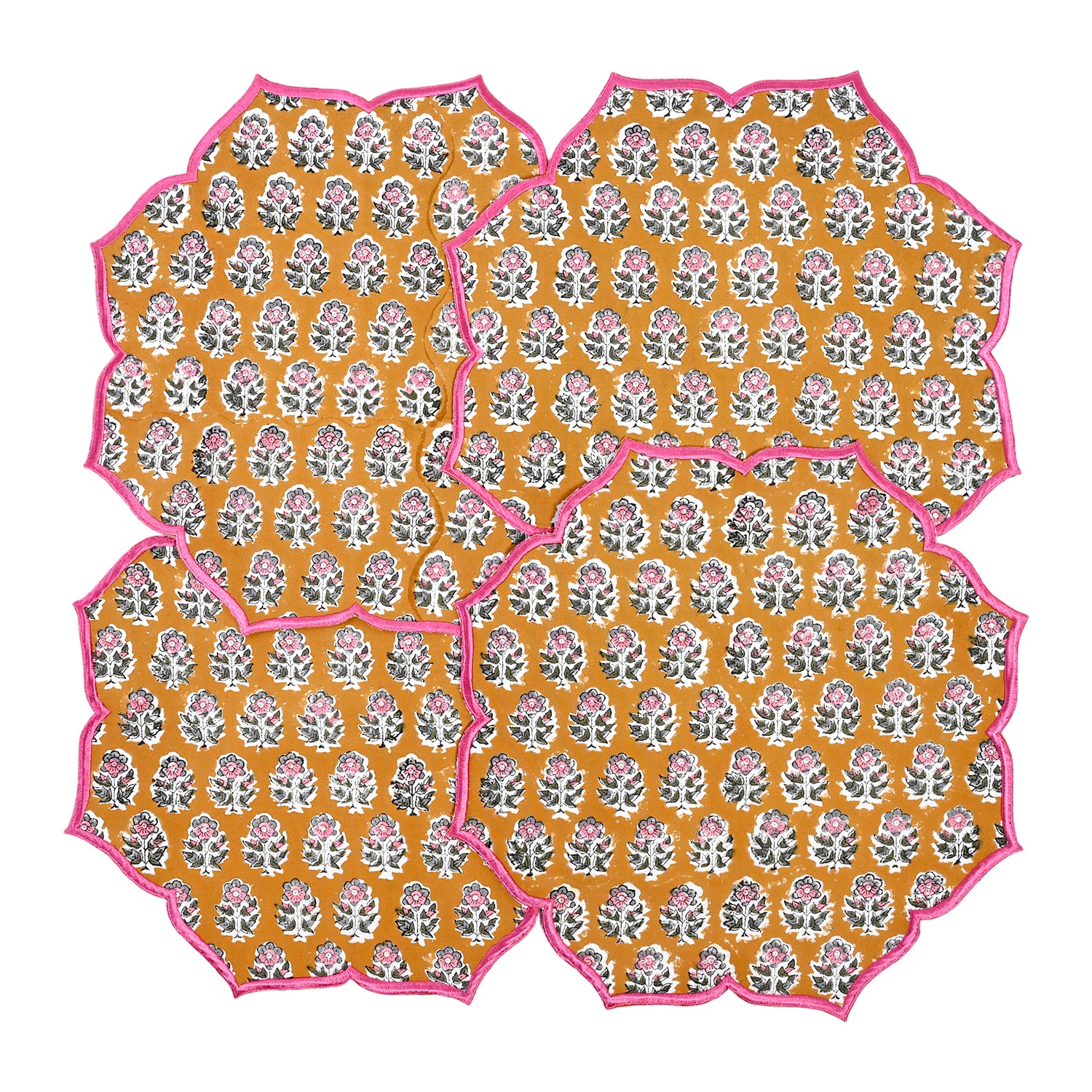set of 4 Bright yellow floral citrine placemat with scalloped embroidery
