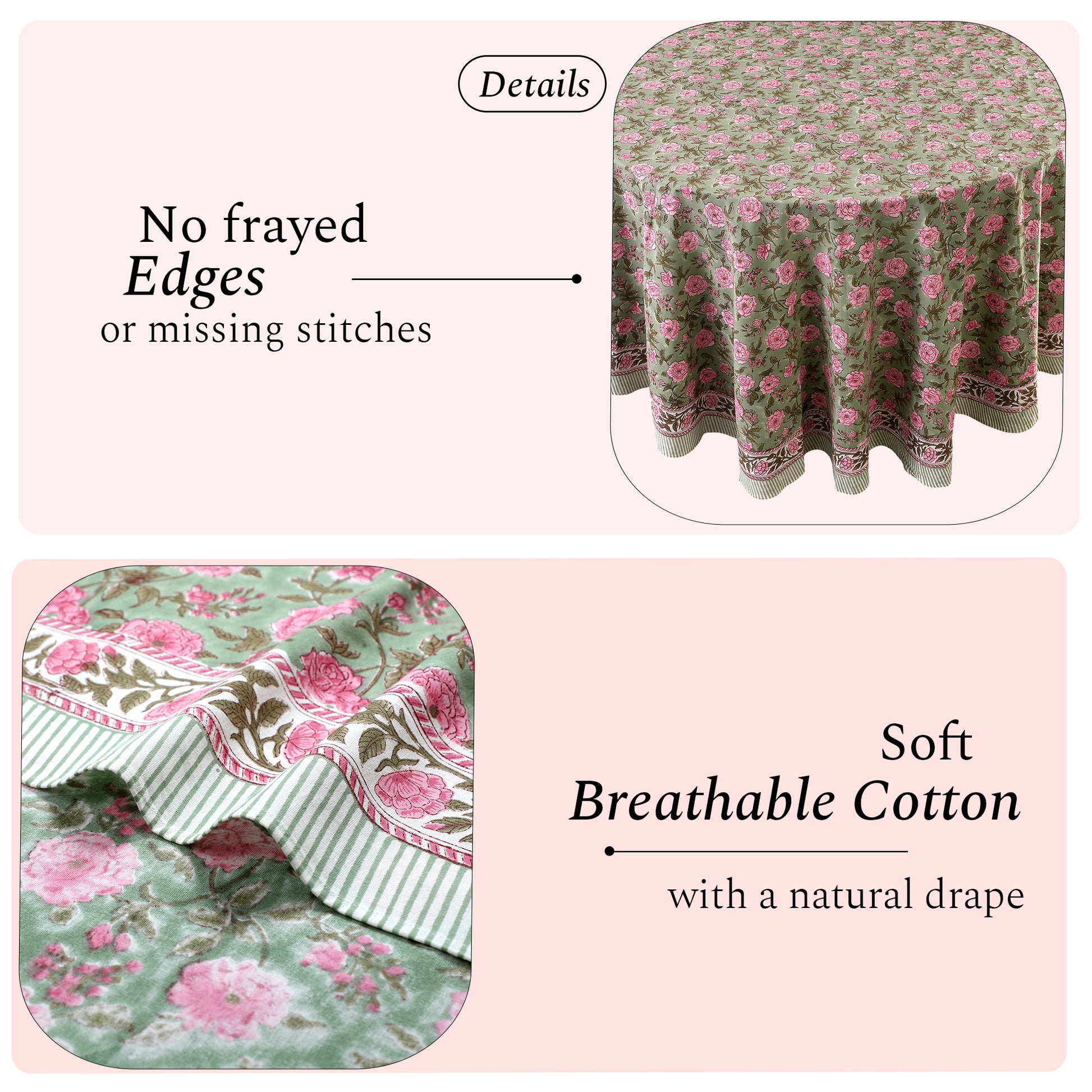 green and pink 100% cotton tablecloth on kitchen table in dining room