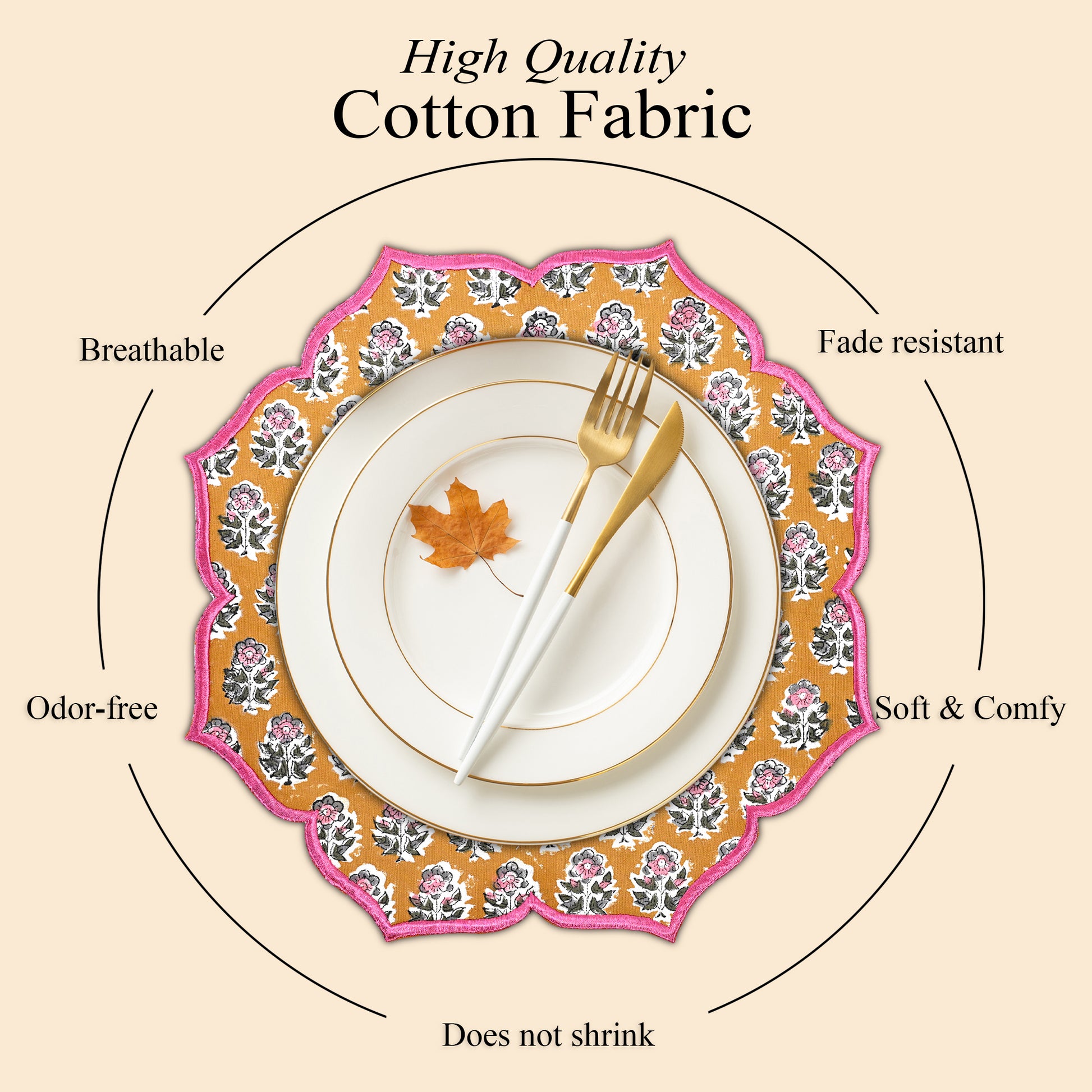 Scalloped edge detail on yellow embroidered breathable, odor free, no shrink, soft, resistant free placemat